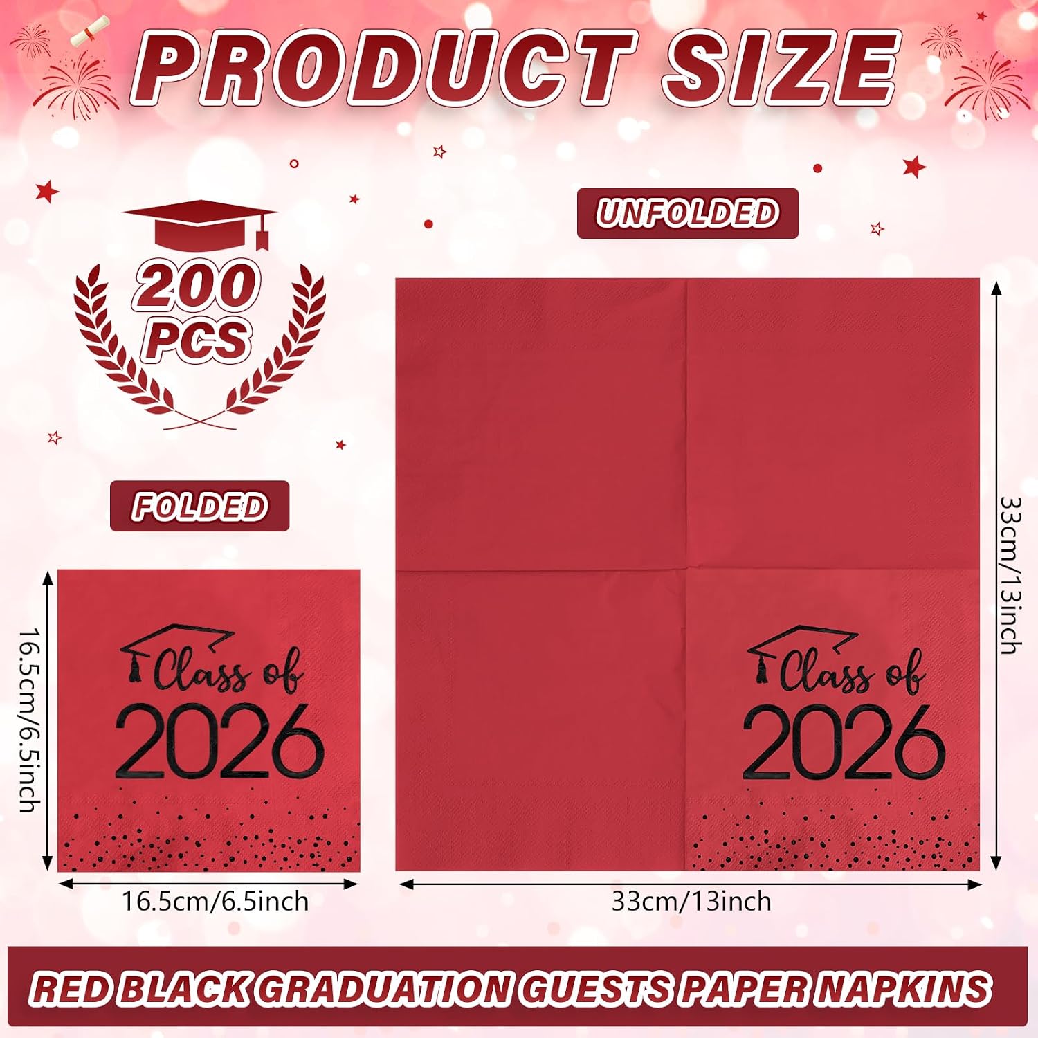 200Pcs Class of 2026 Graduation Napkins, Disposable Congrats Grad Paper Cocktail Napkins Square Foil Dot Hand Towels for 2026 School University College Graduation Party Decorations (Red and Black）