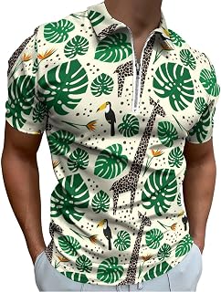 Giraffes Toucans and Palm Leaves Mens Polo Shirt Short Sleeve Quick Dry Golf Tees Zipper Tops Casual Slim Fit Blouse