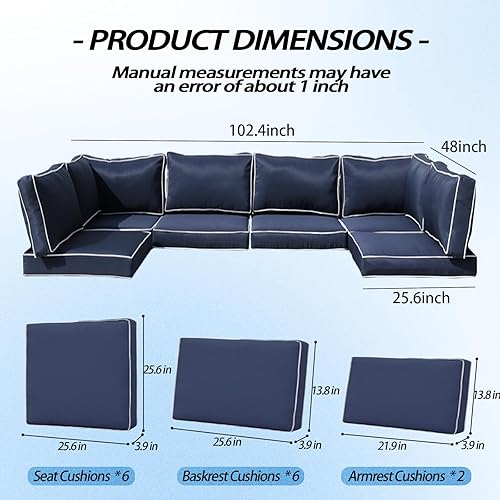 Miniatura 2 de Cojines de exterior para muebles de patio, 14 cojines de repuesto resistentes al agua para 6 asientos, juego de conversación seccional de ratán para