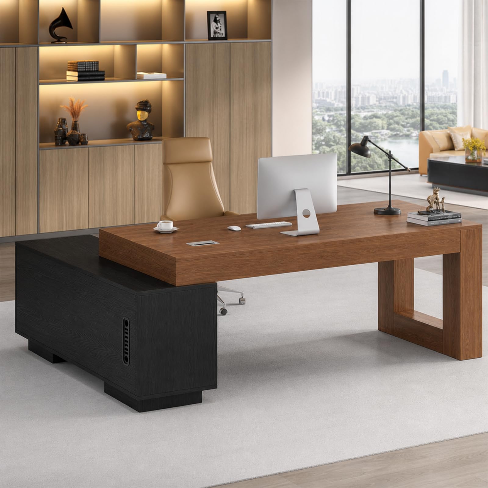 Escritorio Ejecutivo con Almacenamiento Mesa de Oficina con Armario y Gestión de Cables, Despacho y Estudio, Mesa Profesional para Directivos y Teletrabajo