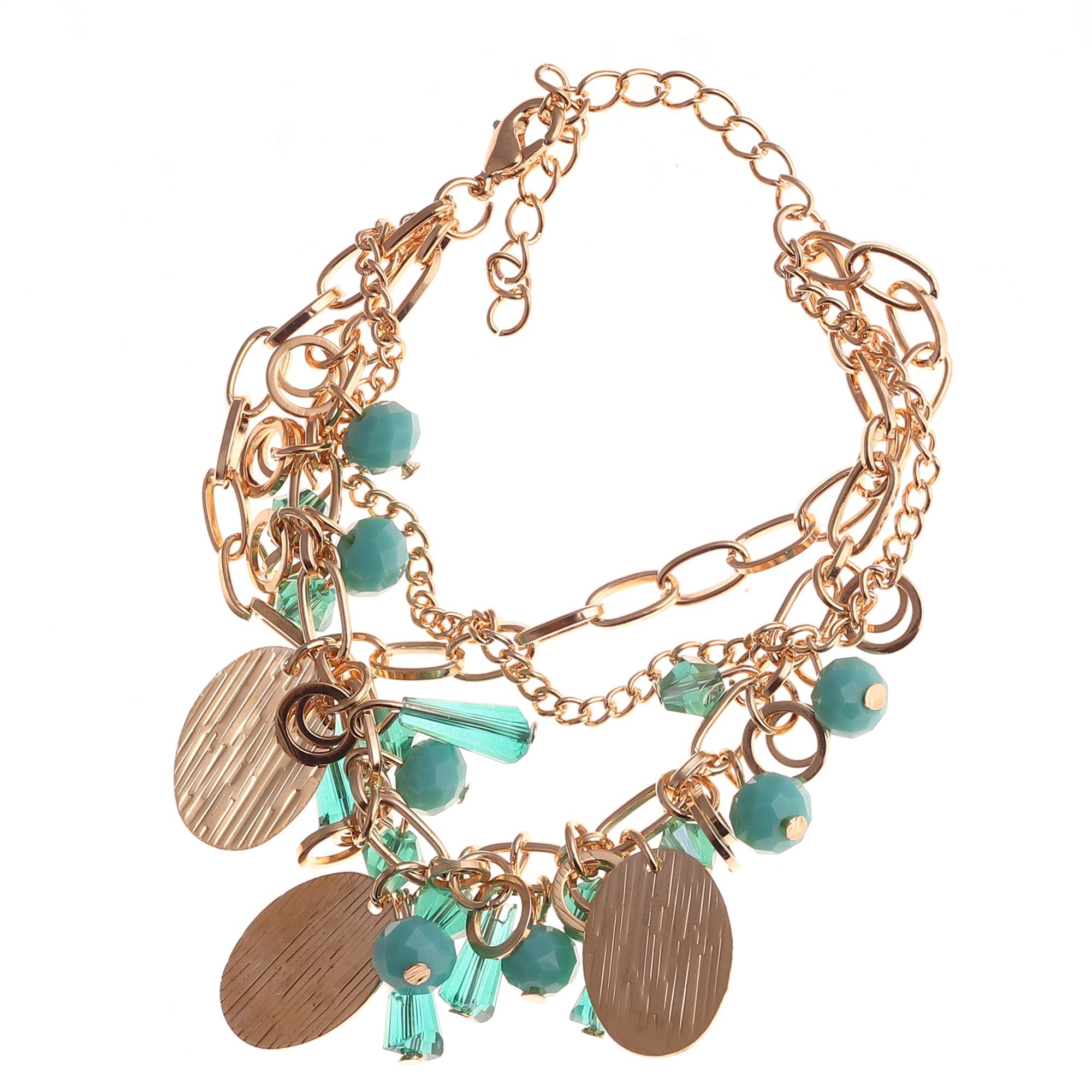 Jewelz Refined Aqua Green Triple Layer Gold-Plated Chain for Women| Stylish Hanging Round and Crystal Charm Adjustable Bracelet, Anti-Tarnish Bracelet for Women and Girls (B0CPT1BSZH) Amazon Price History, Amazon Price Tracker