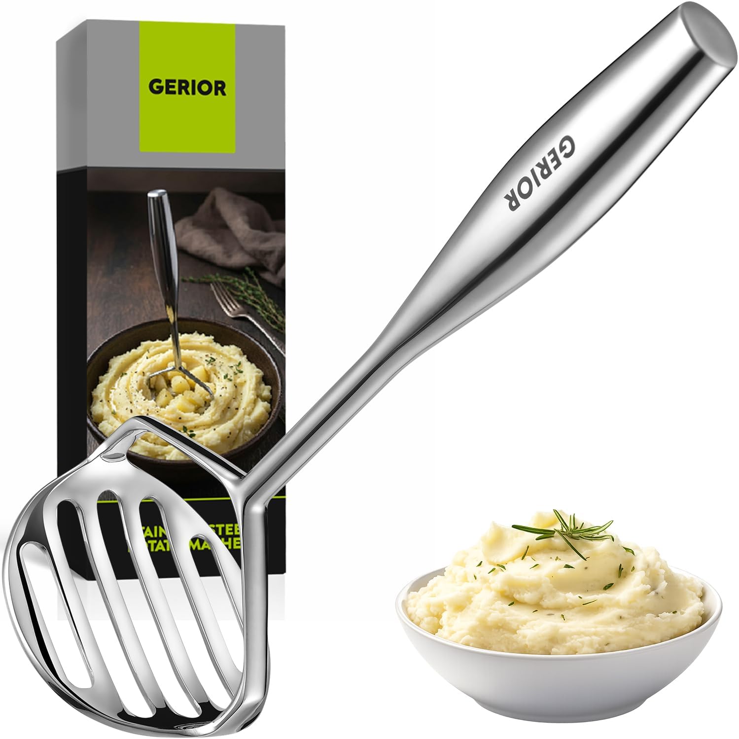 Potato Masher Stainless Steel 304 Heavy Duty for Mashed Potatoes, Avocado | Dishwasher Safe, Bean Smasher, Food Masher, Fruit Smasher, Masher Kitchen Tool, Large Metal Mashing Utensil