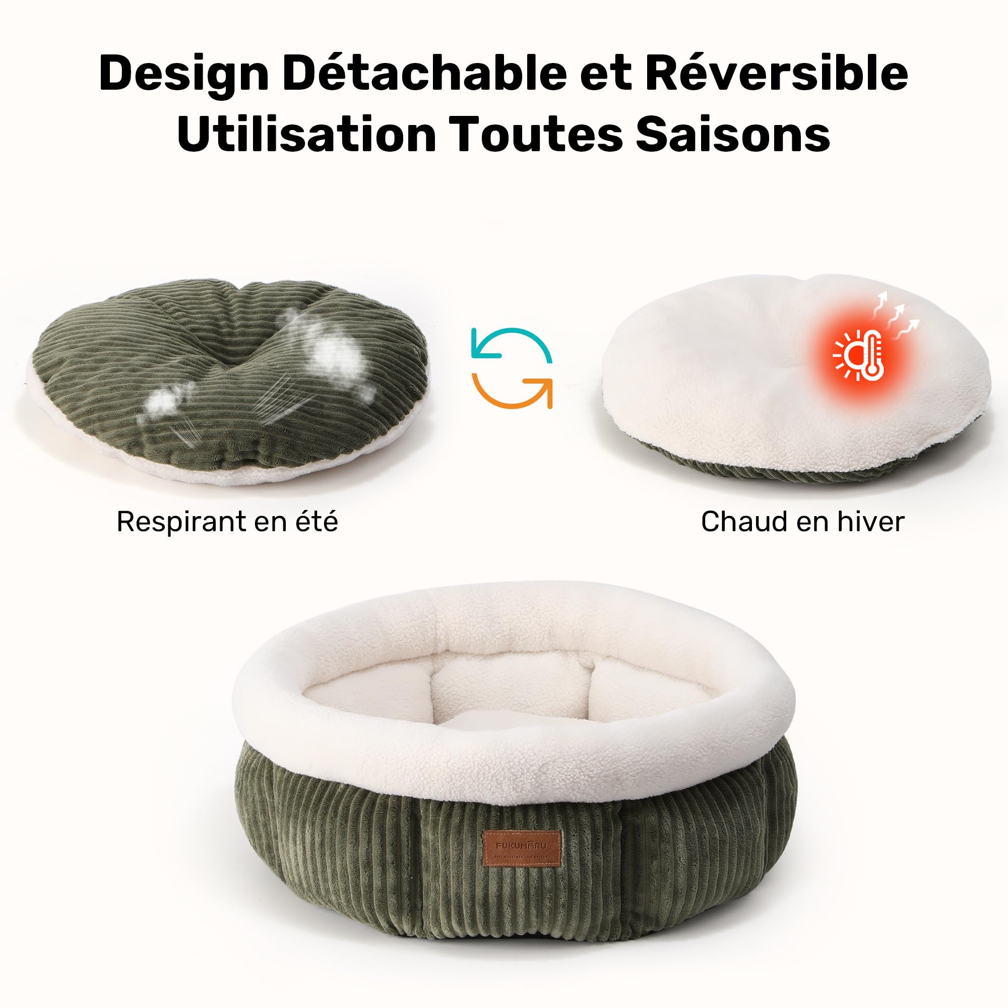 FUKUMARU Lit pour Chat, Panier Rond en Cordon d'Intérieur, Panier Lavable pour Chiot, Lit Doux et Mignon pour Petit Chien, Vert