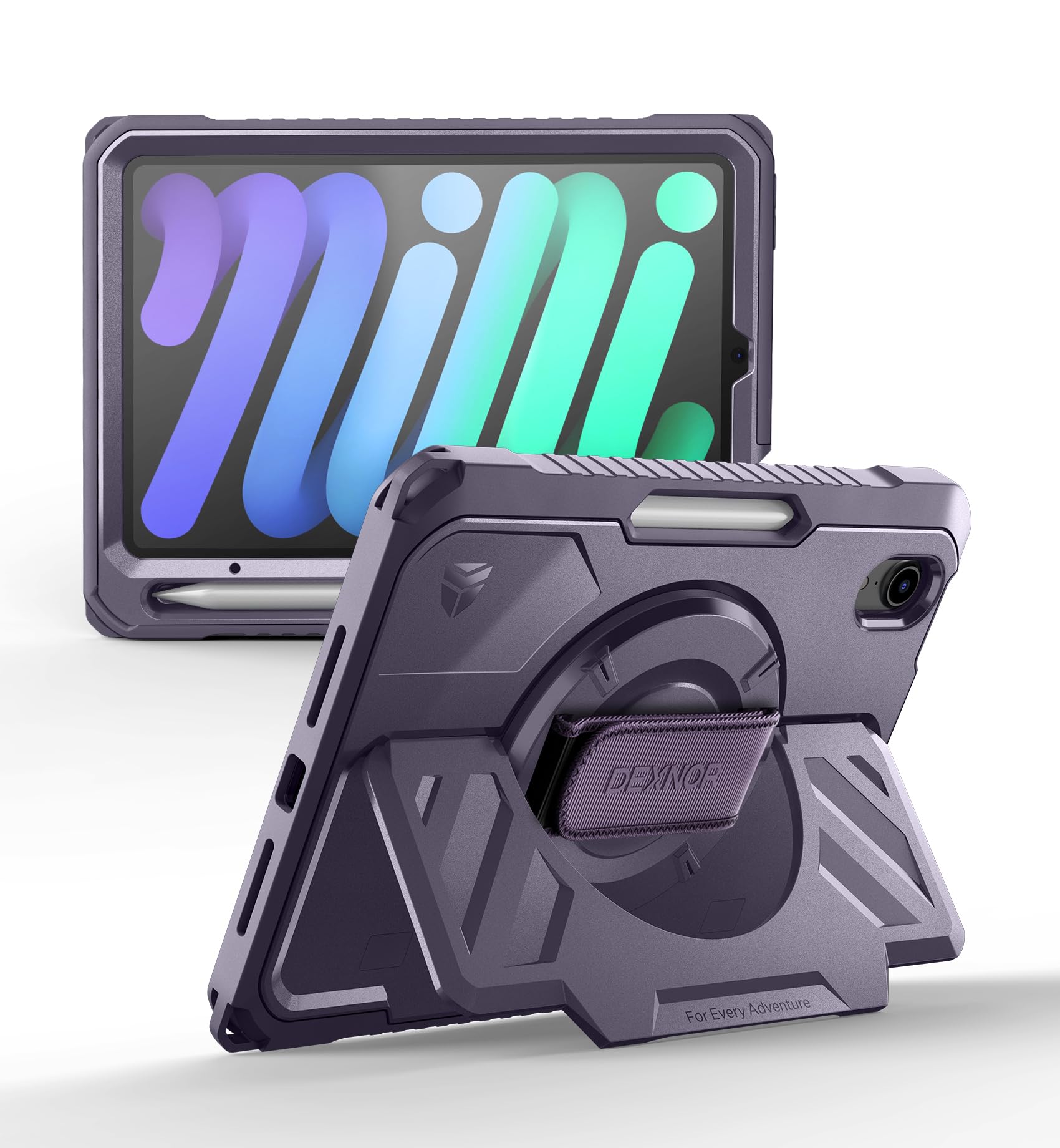 Dexnor Custodia per iPad mini 7 (A17 Pro) 2024/mini 6 2021 da 8,3 pollici, robusta custodia protettiva con cinturino da polso girevole a 360°, ampio supporto, pellicola protettiva e portapenne