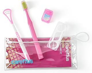 Carerus Travel Oral Care Kit for Braces Daily Use Pink | TSA Compliant Travel Pouch, Dental Hygiene Kit with Toothbrush, Tongue Scraper, Dental Floss, Floss Picks, 4 Pcs/Pack