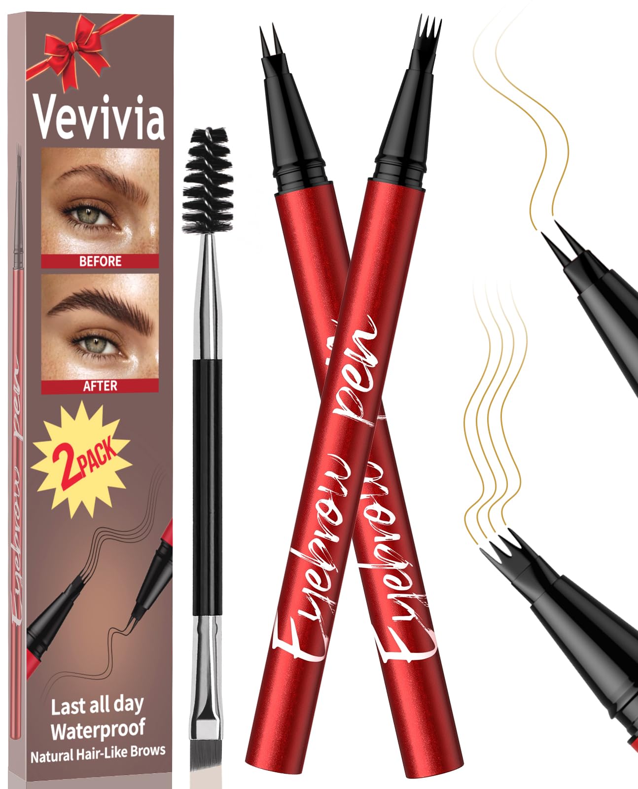 Vevivia 2 Pack Eyebrow Pen for Natural Eyebrows, Light Brown