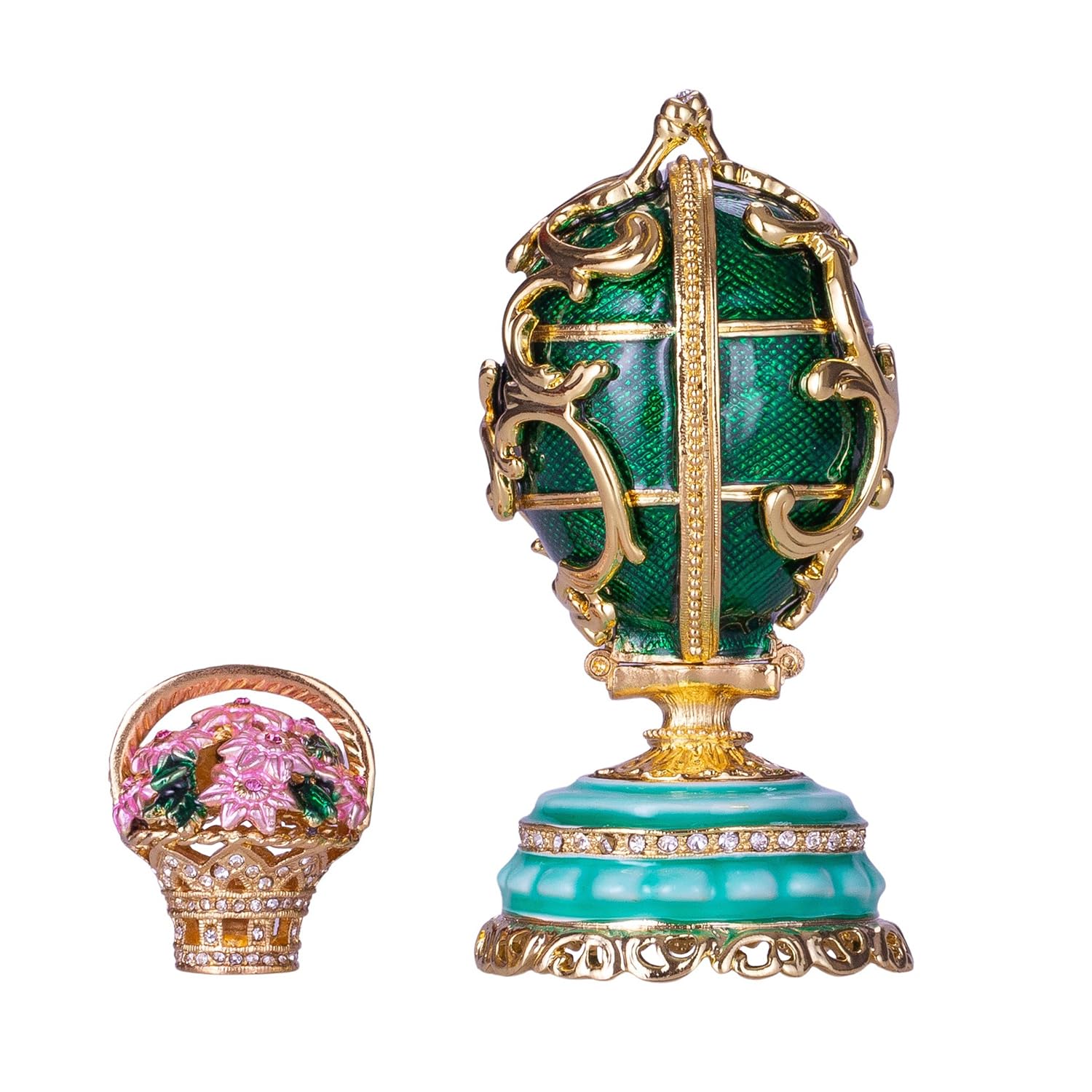 danila-souvenirs Huevo al Estilo Fabergé Flores de Primavera con Cesta de Flores 8,5 cm Verde