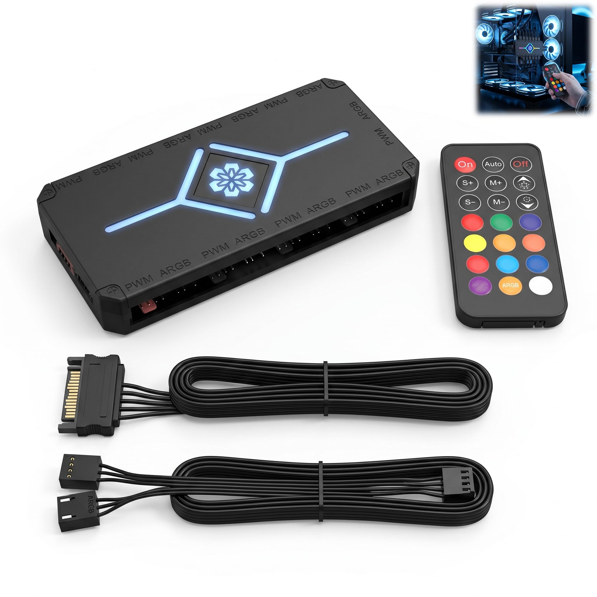 Hub ARGB PWM Ventiladores PC, Controlador ARGB 5V 3 Pines, Concentrador 2 en 1 con 9 Puertos, Controlador de Cables para PC con Alimentación SATA, Gestión Óptima de la Iluminación y la Refrigeración