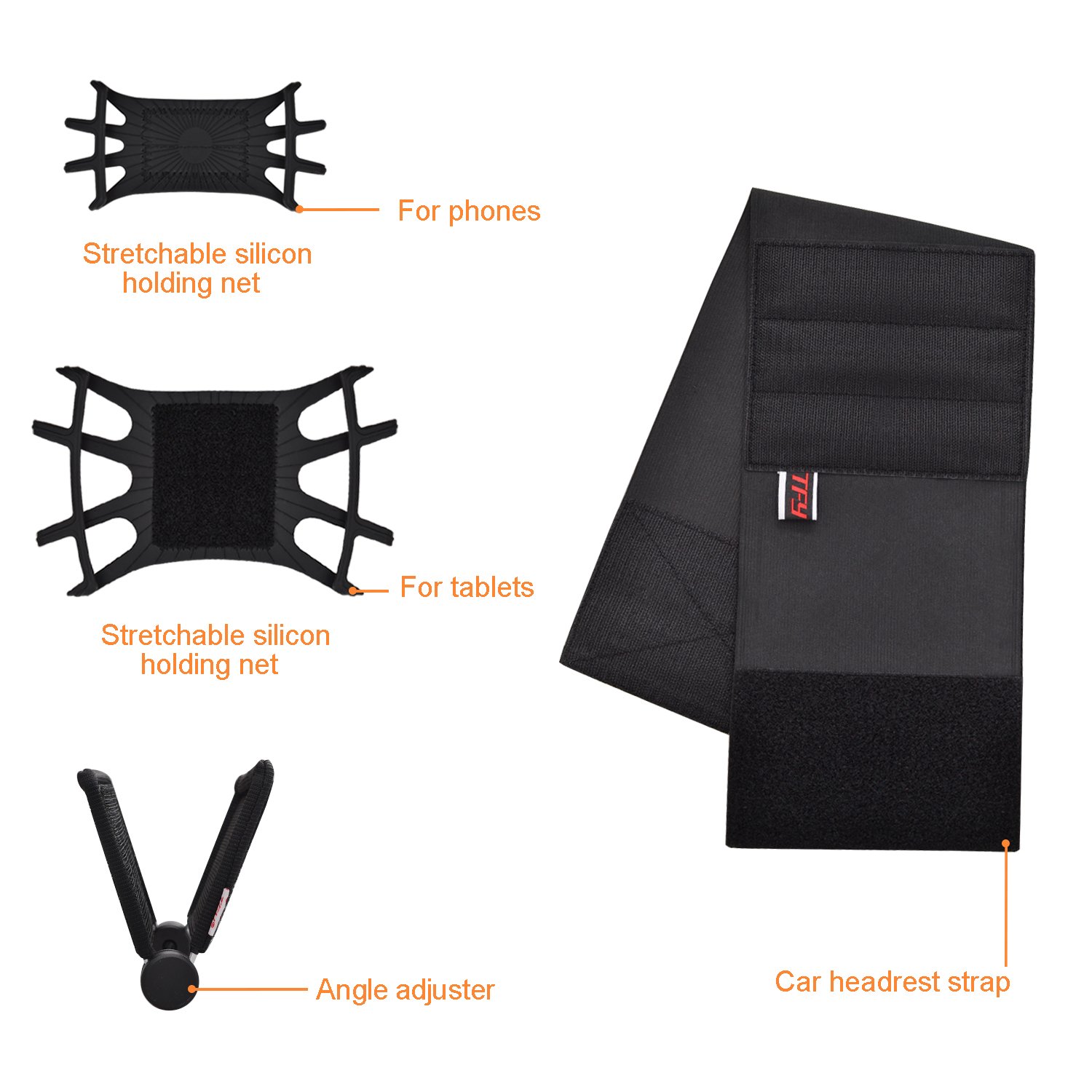 TFY Supporto per poggiatesta auto ad angolo TFY regolabile, supporto per poggiatesta auto, con rete in silicone per telefoni e tablet