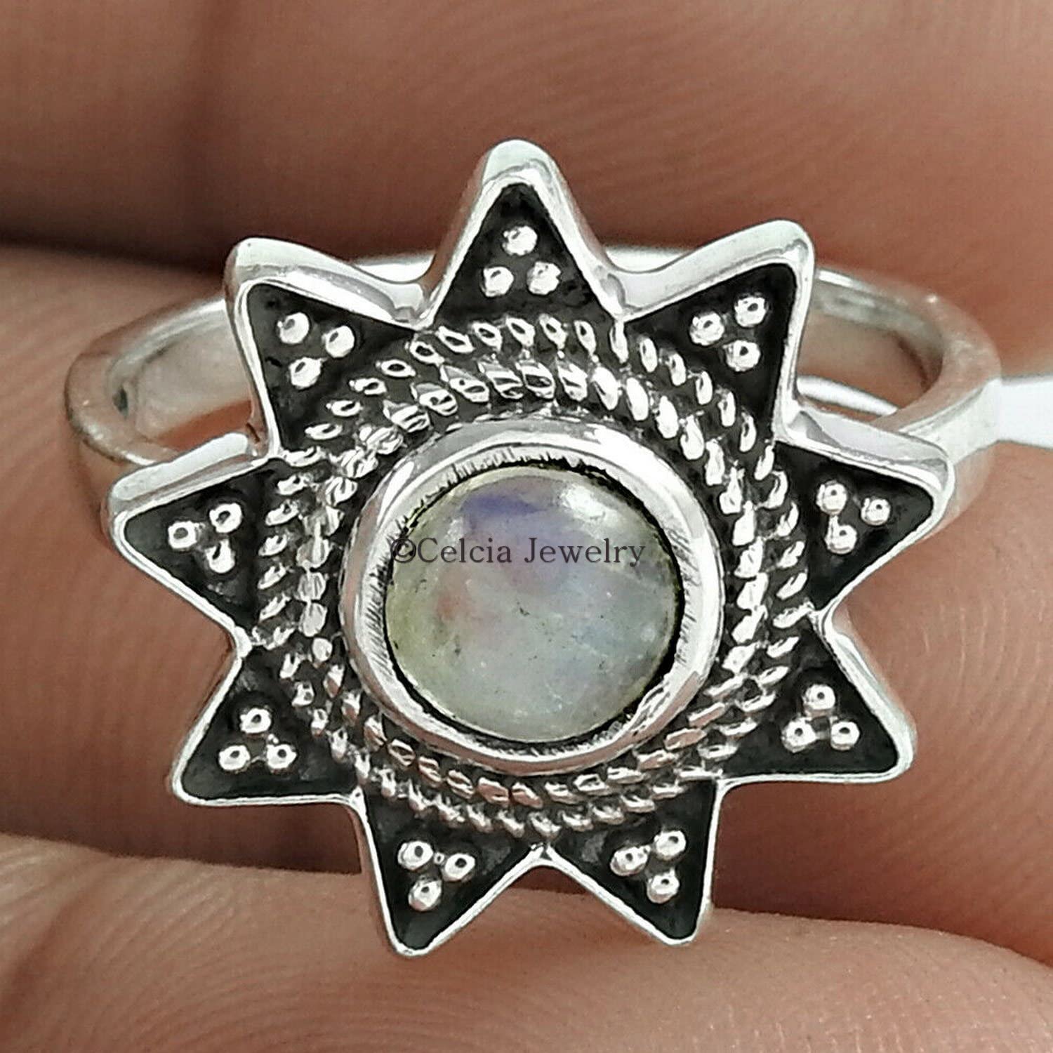 Plata de ley 925, anillo de piedras preciosas curativas naturales con piedra lunar arcoíris, joyería única con diseño de flores para mujeres, anillo floral vintage, piedra natal de junio