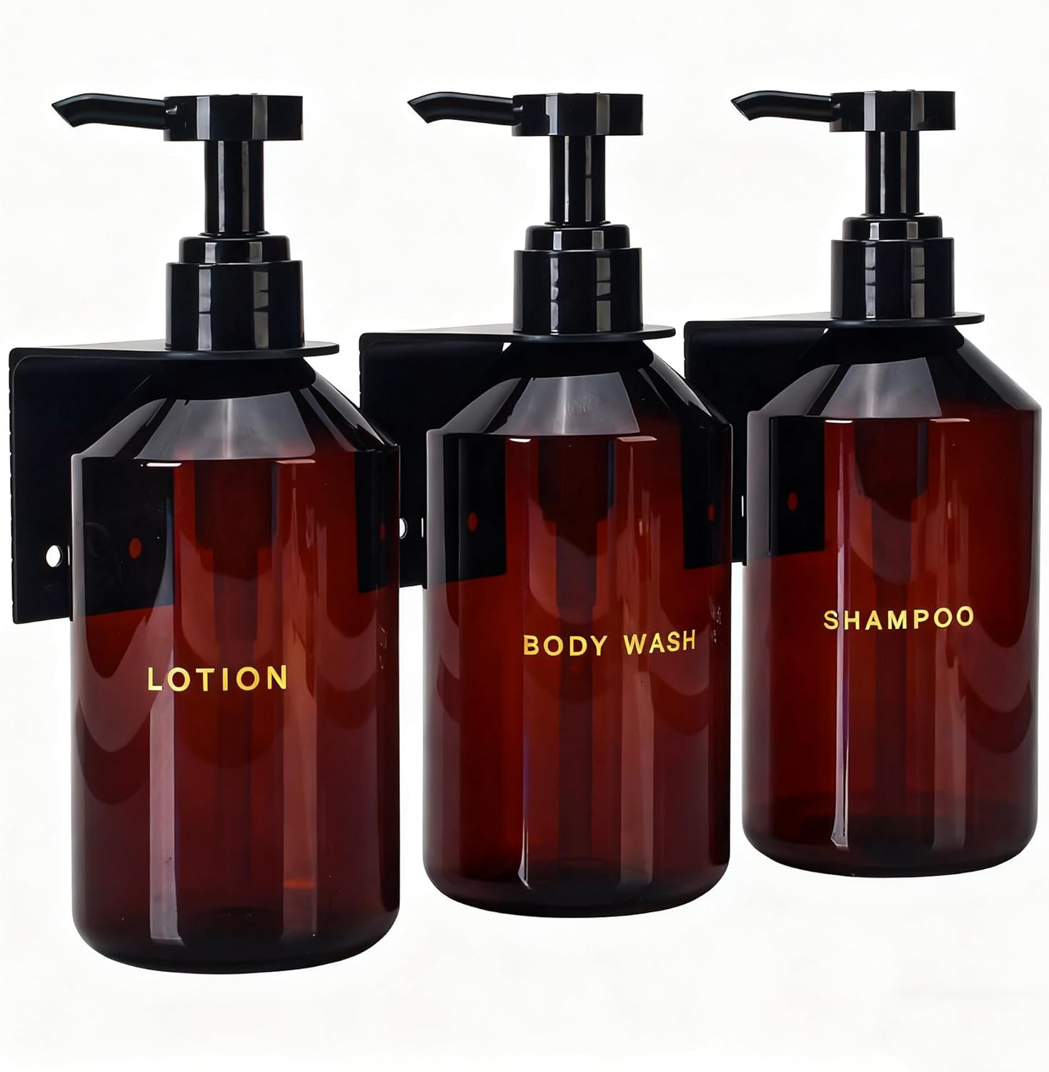 Wall Mounted Shampoo Dispenser for Shower, 3 Chamber 16.9 fl oz Each, 4CC Pump Soap Dispenser for Bathroom, Glossy Black Shampoo and Conditioner Dispenser with Crystal Labels (Brown)