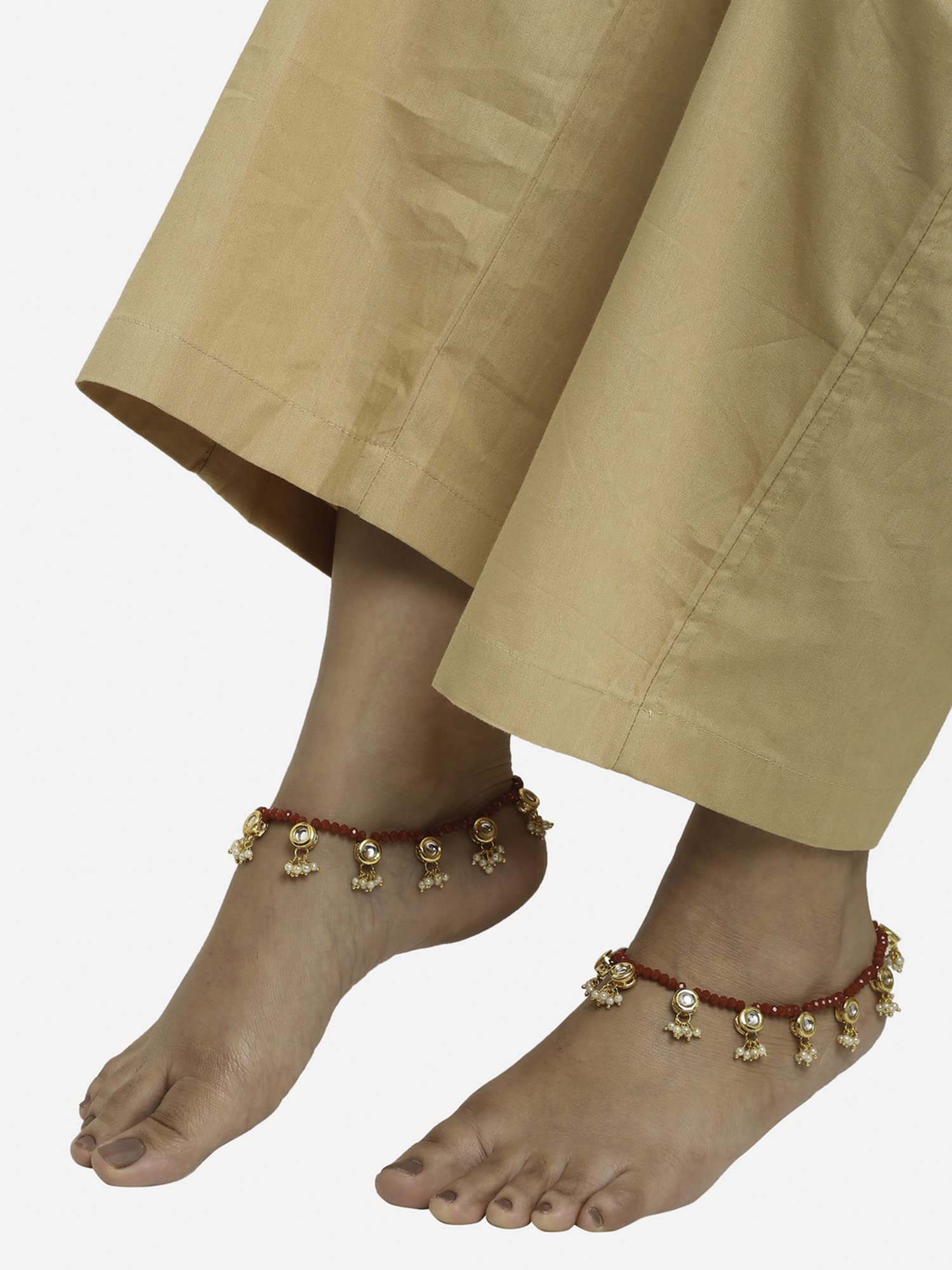 Ruby Raang Women's Mixed Metal Artificial Kundan anklets - Traditional Jewellery Set for Women (Red) - Image 6 thumbnail