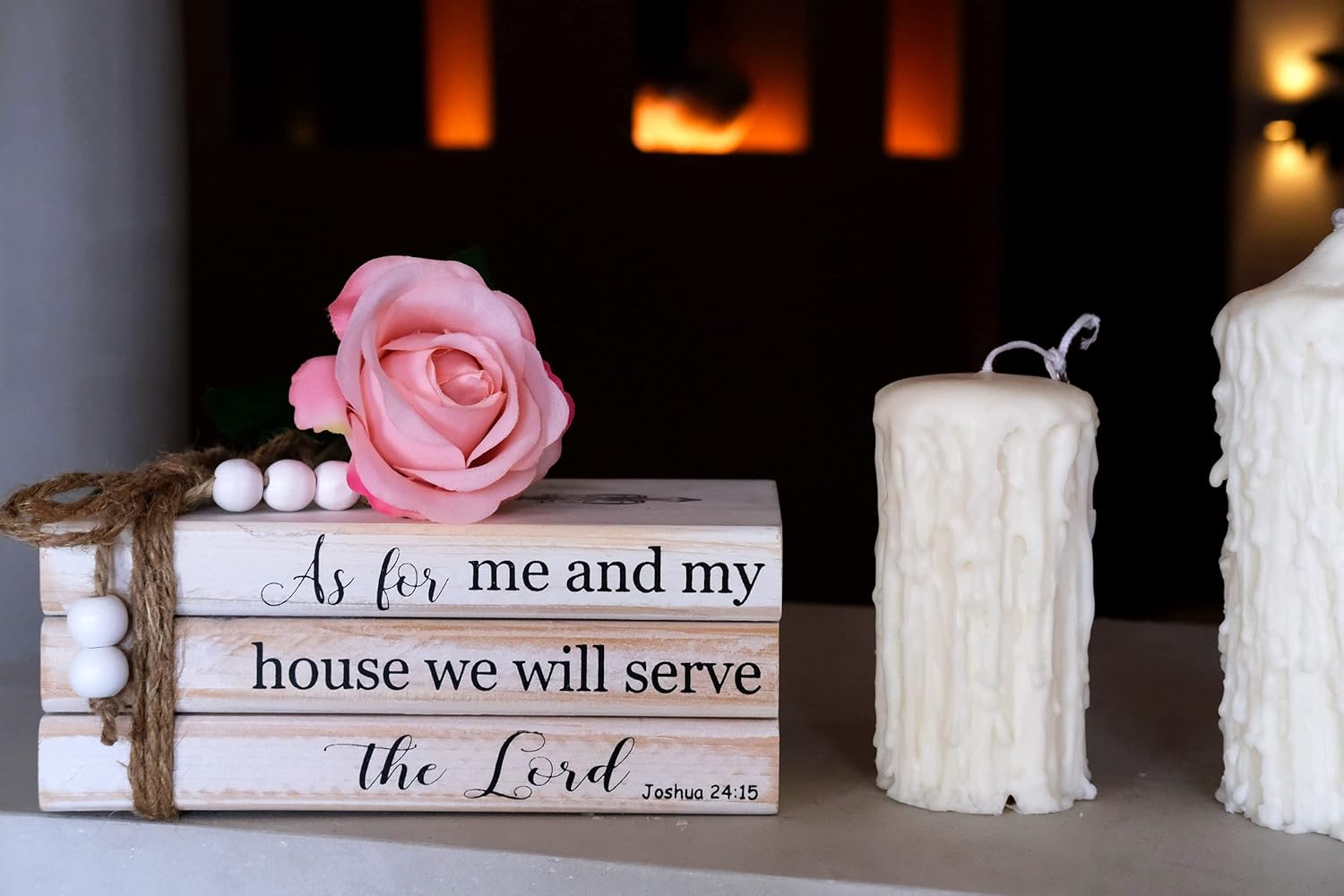 LIVDUCOT As for Me and My House We Will Serve the Lord Decor - Farmhouse Rustic Wood Decorative Books Stack for Home Coffee Table Living Room - Faux Books for Fireplace Mantle Bible Verses Decoration