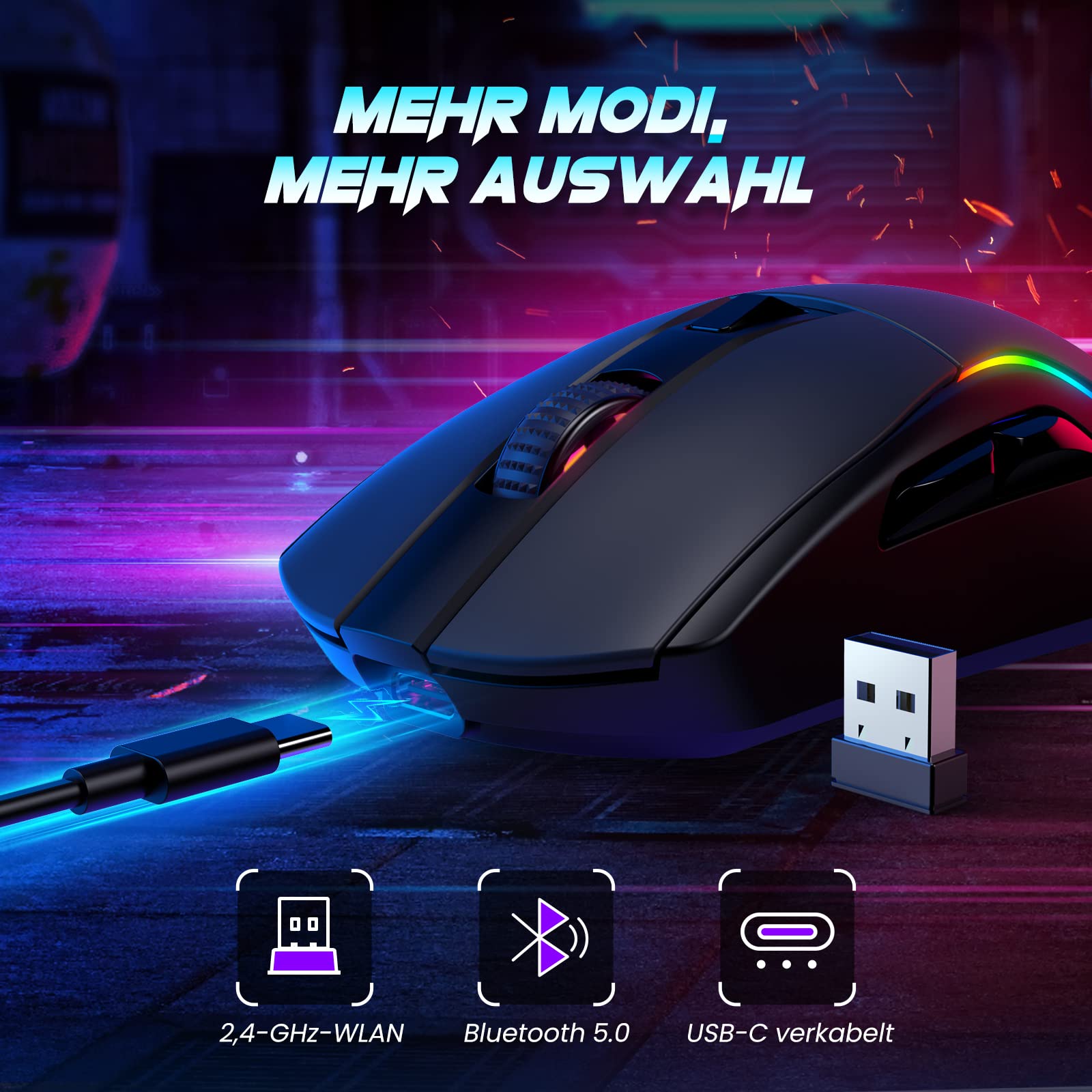 RisoPhy Kabellose Gaming-Maus mit magnetischer RGB-Ladestation, leichte Tri-Mode-Gaming-Maus, kabellos bis zu 20 KDPI, 300 IPS, 1000 Hz mit Chroma-RGB-Hintergrundbeleuchtung, Tasten vollständi