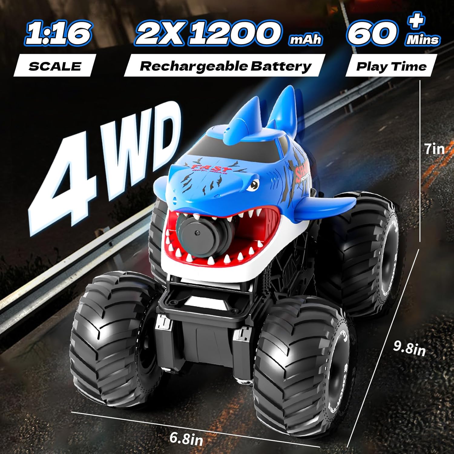 Gesture Sensing Amphibious Remote Control Shark Monster Truck with Water Squirt 4WD 1:16 RC Car All-Terrain Waterproof RC Tank Pool Toy Outdoor Summer Gifts for Kids Age 6+（With 2 Replaceable battery)