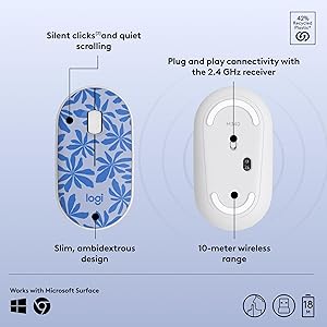 Logitech M340 Wireless Mouse with Limited Edition Prints, USB Receiver and Silent Clicks, Portable Wireless Mouse for Laptop, PC, Windows, Chrome, Surface  Blue Floral