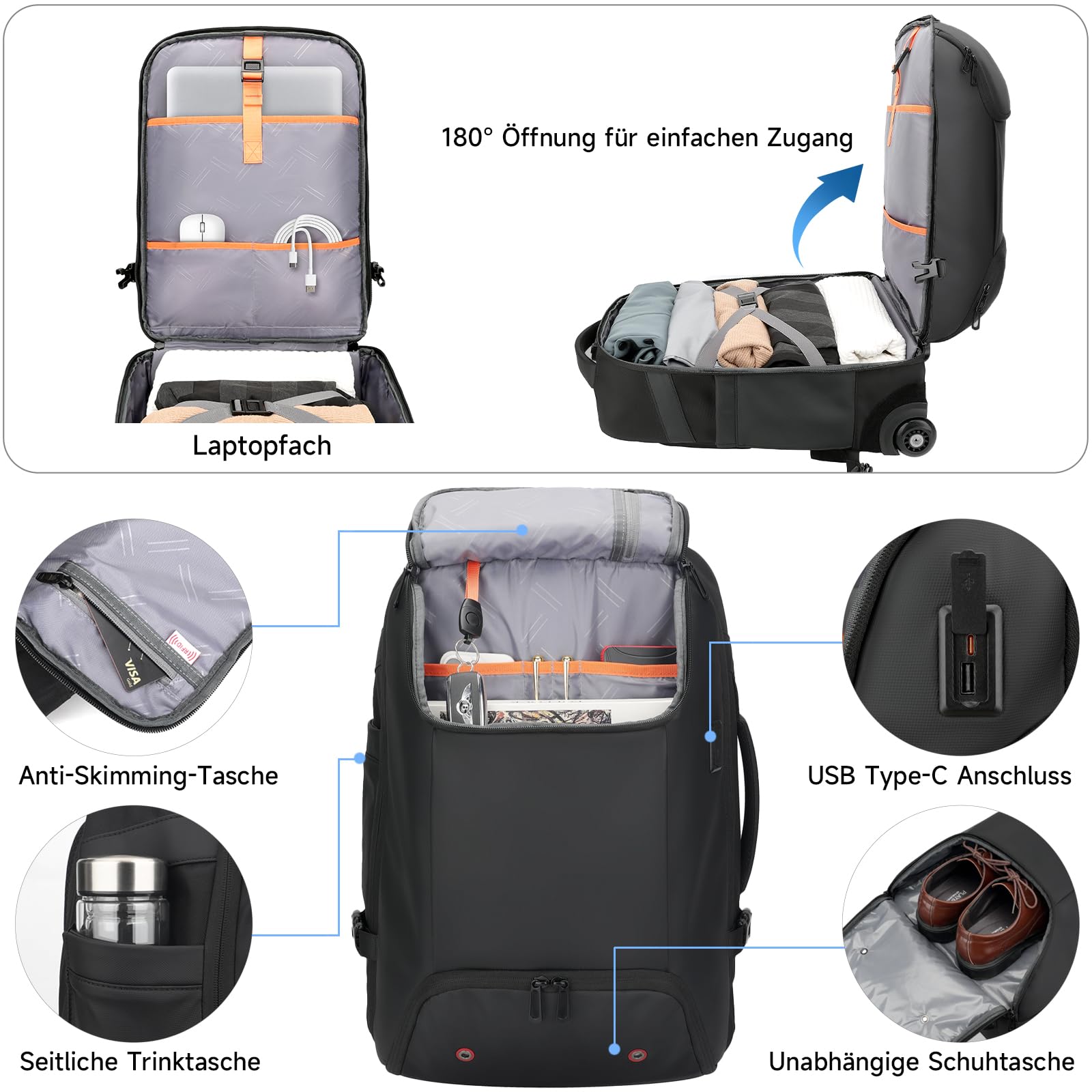 Reiserucksack mit rollen,17 Zoll Laptop trolley rucksack, Wasserfester Handgepäck-Rucksack mit USB-C-Anschlüssen, Diebstahlsicher für Reisen, Geschäftsreisen und Pendeln, Schwarz
