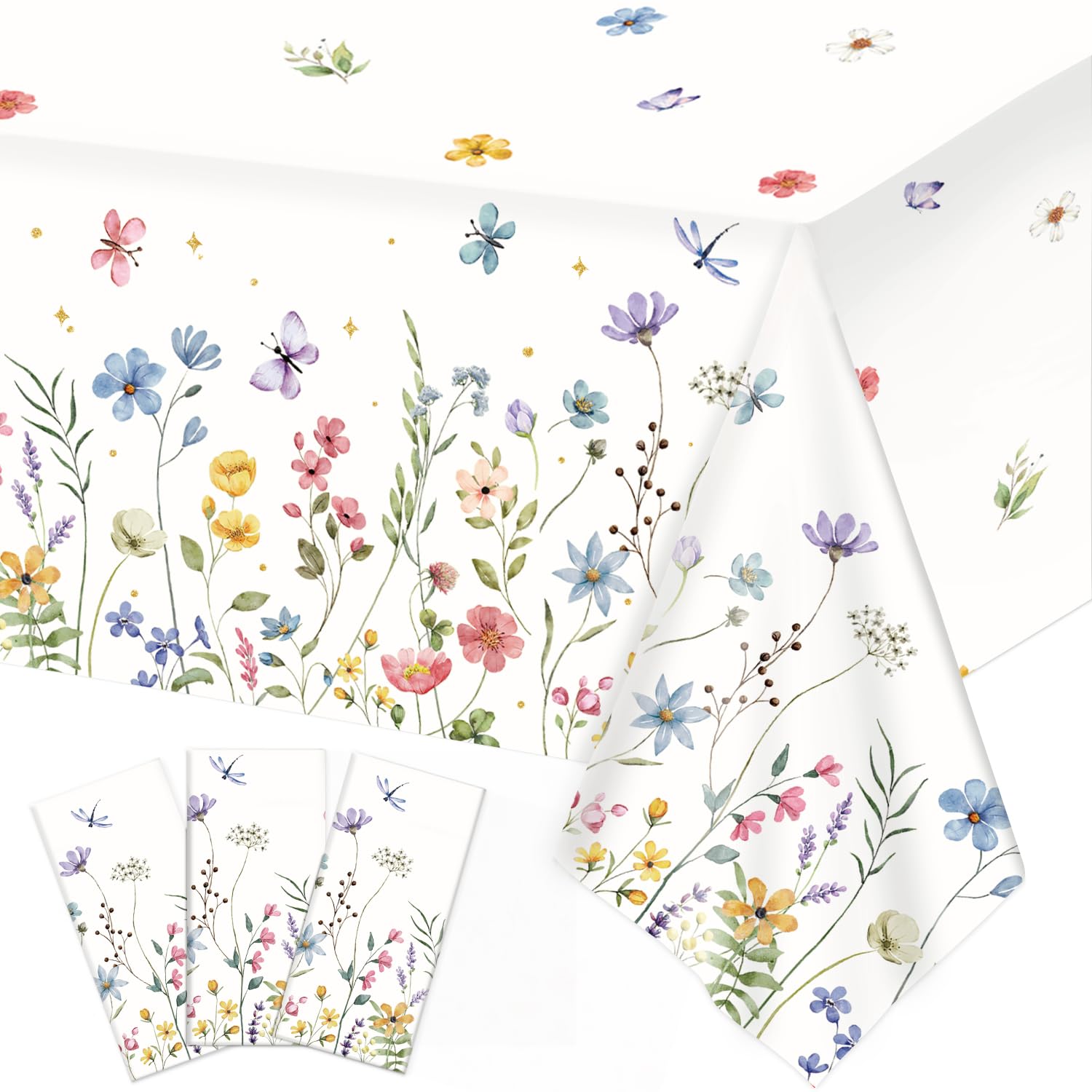 LINHAXM 3 Pack Spring Floral Tablecloth, Wildflower Butterfly Plastic Table Cover for Easter, Birthday, Wedding, Tea, Wildflower Party Decorations, 54 x 108 Inch