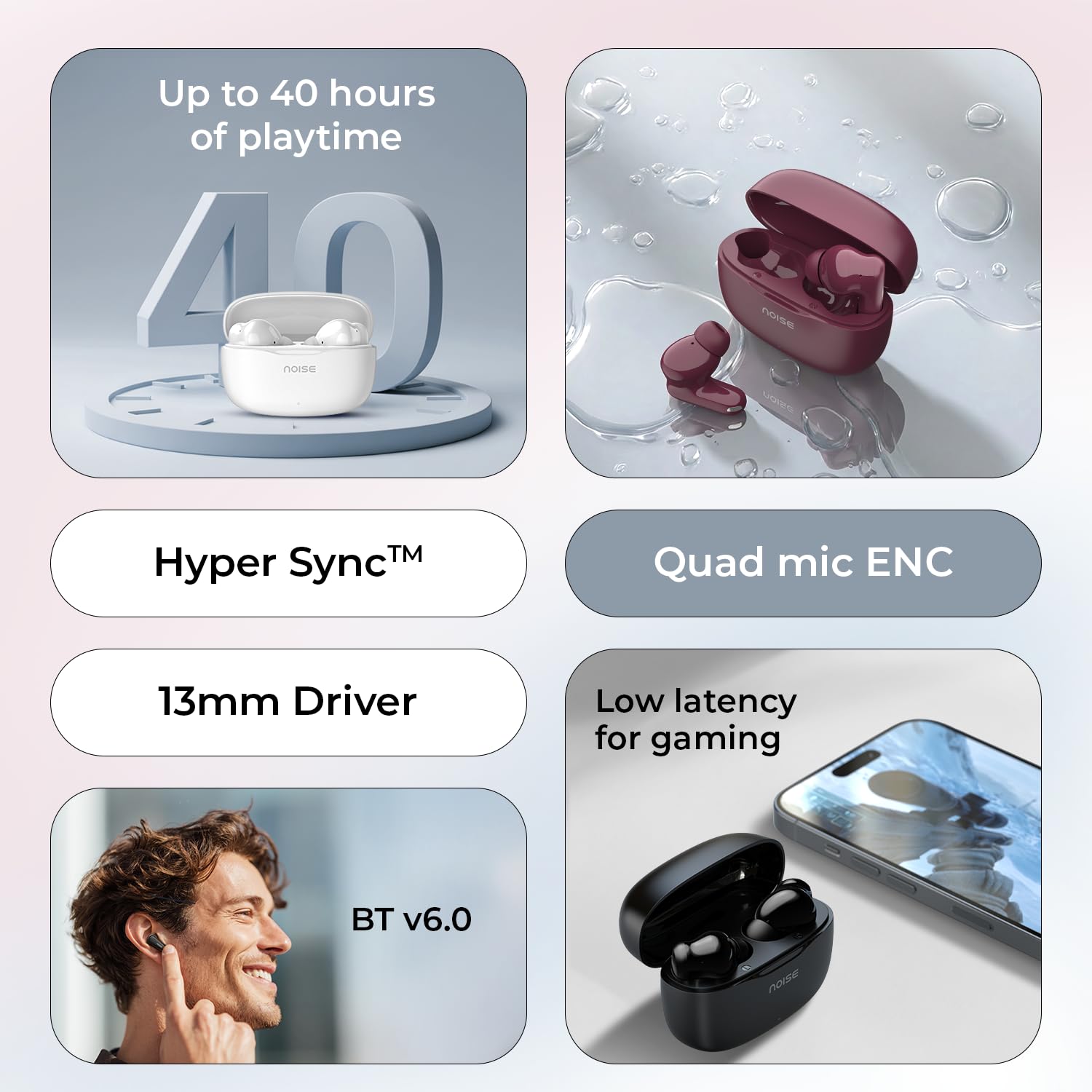 Noise Newly Launch Buds Play Truly Wireless Earbuds with 40H of Playtime, Quad Mic with ENC, Low Latency for Gaming (Up to 50 Ms), 13mm Driver, BT V6.0(Powder Blue) — Amazon image 2