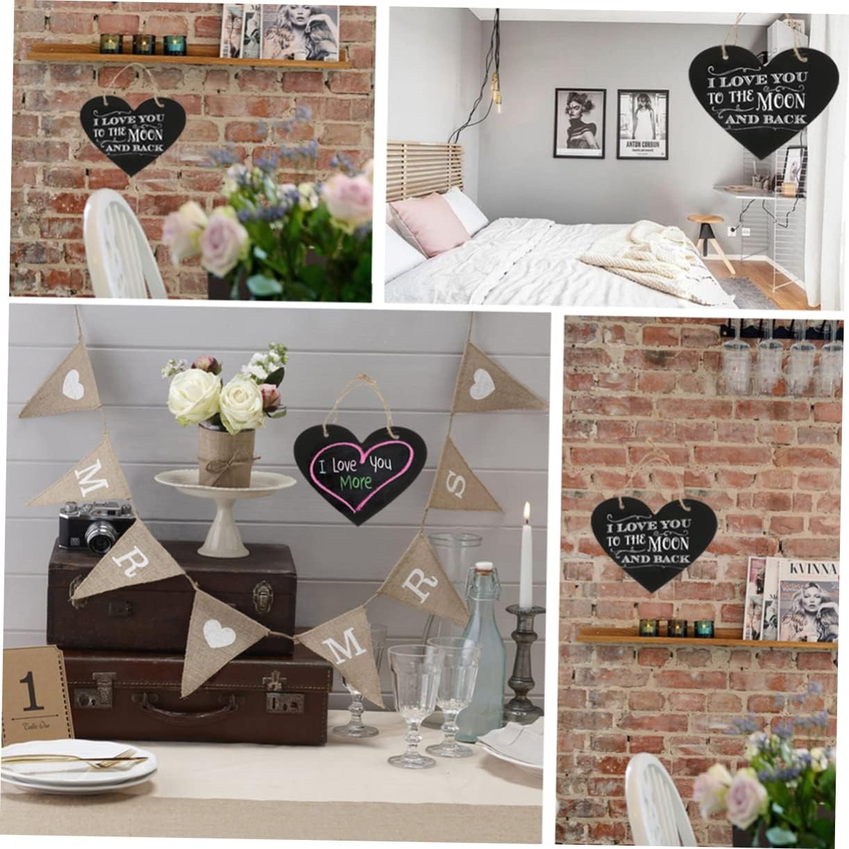 Wooden Heart Chalkboard Sign Hanging Decorative Mini Blackboard for Weddings Christmas Table Place Cards and Party Message Boards with Jute Rope
