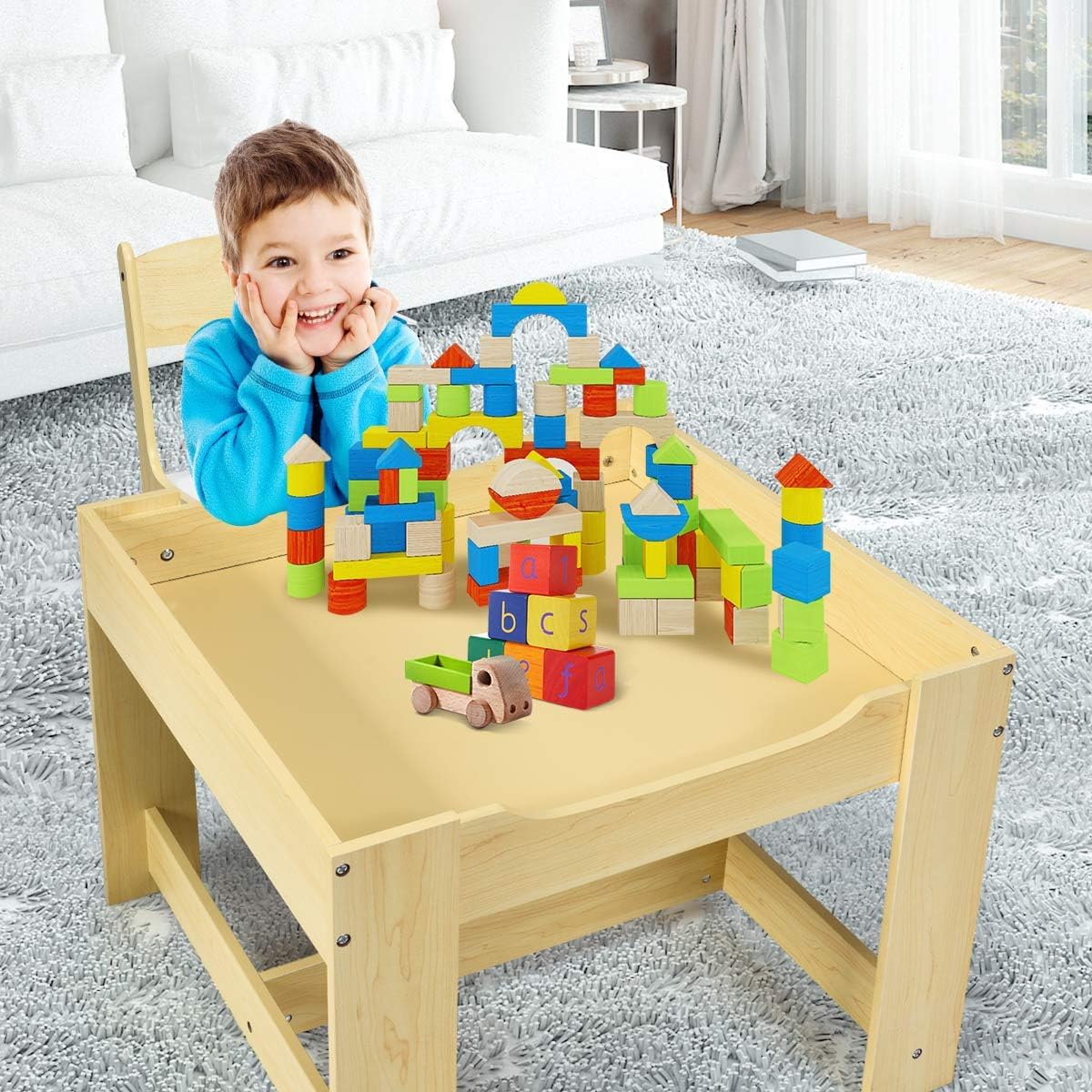 COSTWAY Table Enfant avec Chaise, Petite Table avec Tableau Amovible à 2 Faces et 2 Boîtes, Bureau Enfant avec Rangement Taille Compacte pour Chambre, École