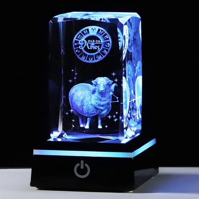 3D Crystals Aries Zodiac Astrology Gifts for Women Men,Aries Glass Figurine Decor Constellation Stuff March April Birthday Gifts for Girlfriend Woman Wife Mom Keepsake Sign Symbolic Energy:Control