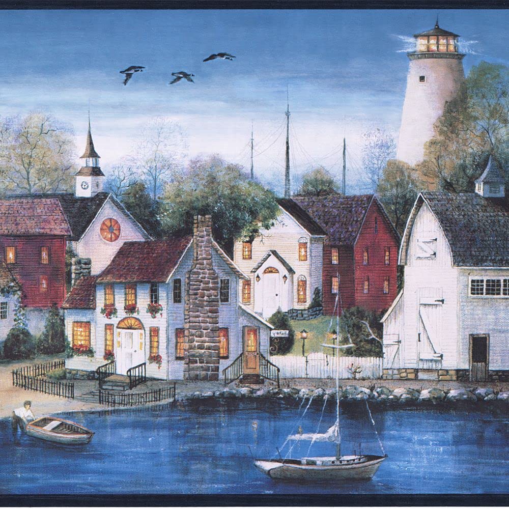 CONCORD WALLCOVERINGS ™Wallpaper Border Nautical Pattern Marina Boats Church Sky for Cottage Farm Kitchen Dining Room, Blue Green Brown White, 15 Feet by 10.25 Inches PC95091B