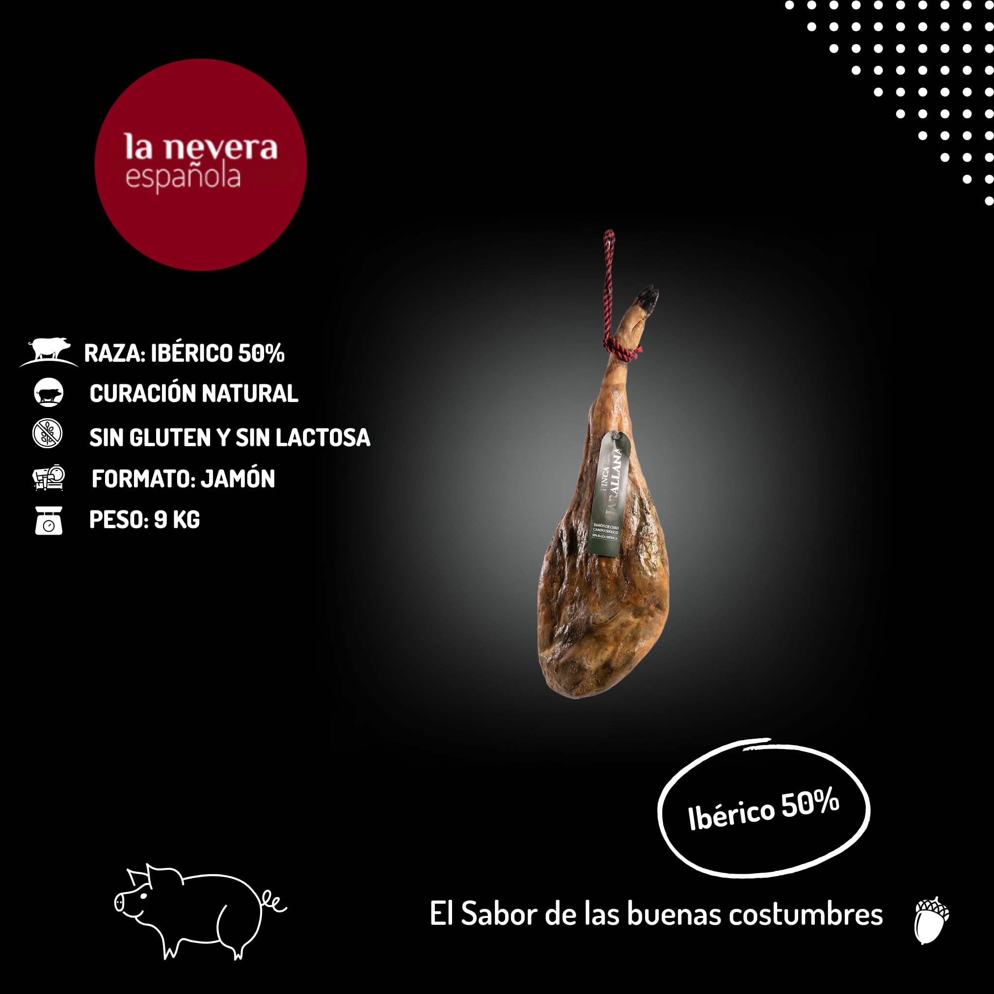 Finca Jarallana - Jamón de Cebo Campo 50% Ibérico - Pieza de 9 kg con Secado Natural y Curación +36 meses - Cerdos de Raza Ibérica