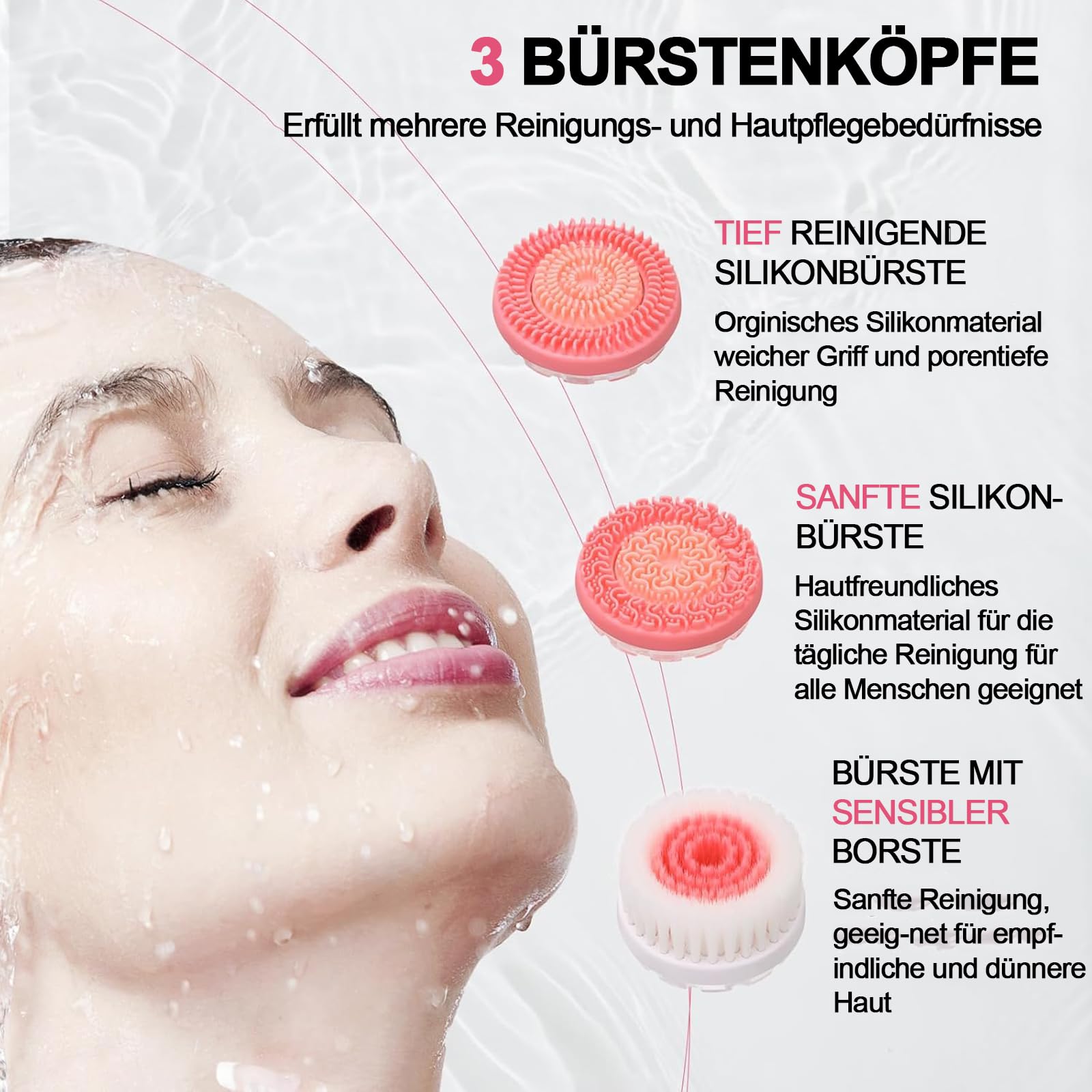 Maxspace Gesichtsreinigungsbürste, IPX7 Wasserdichte Gesichtsbürste Elektrisch mit 3 Bürstenköpfen und 2-stufige Rotation, Reinigungsbürste Gesicht für Gesichtsreinigung Exfoliation (Rosa)