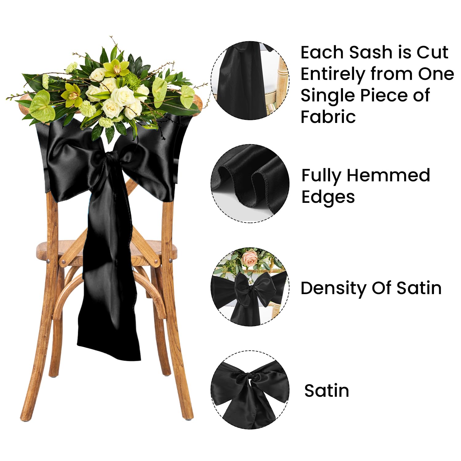 WedDecor Czarna satynowa wstążka z szarfą pełniejsza kokarda na ślub ślub urodziny zaręczyny przyjęcie przyjęcie bankietowe wydarzenie dekoracja krzesła do jadalni - 18 x 274 cm - 100 szt