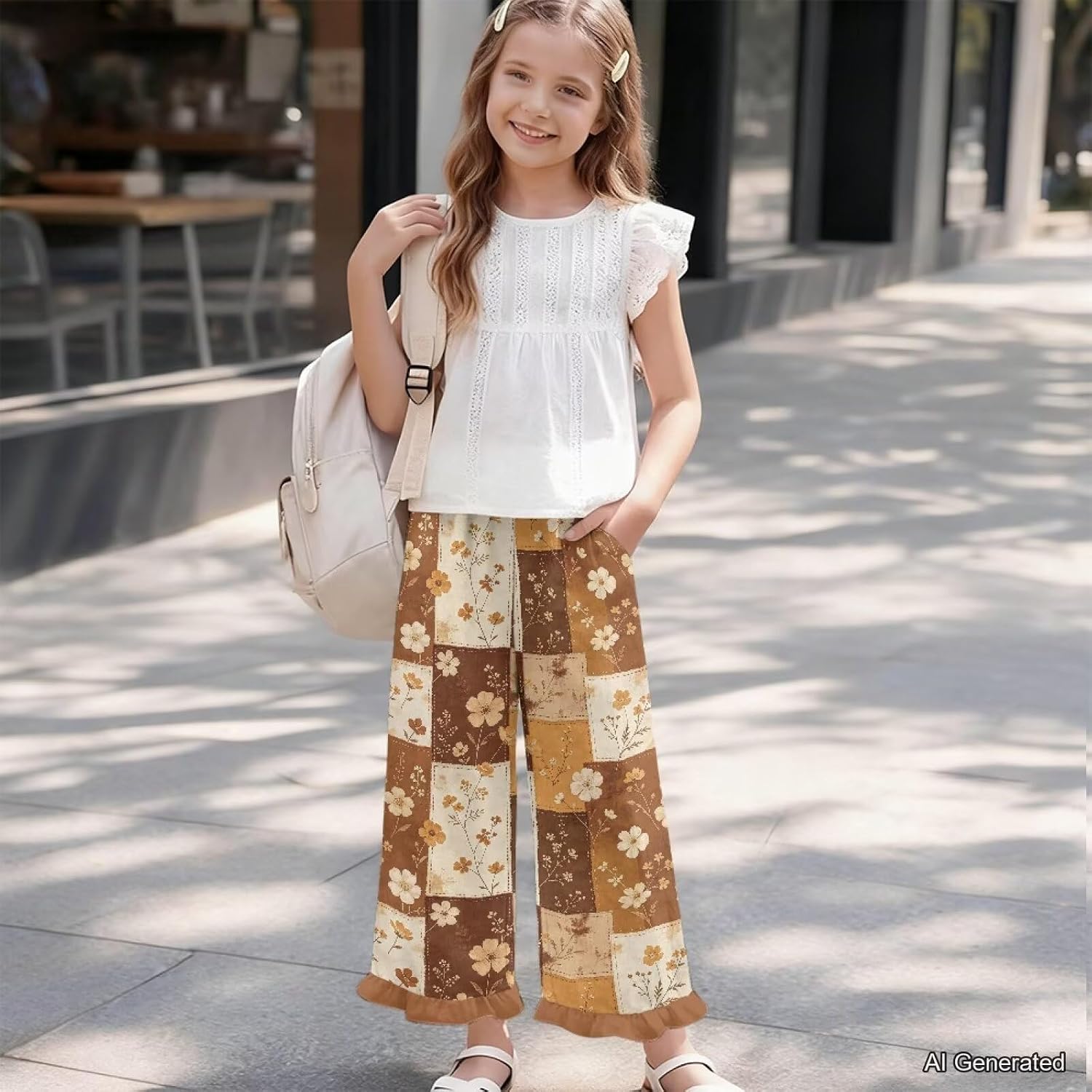 Wanyint Girls' Ruffle Pants Wide Leg Trousers Elastic Waistband Trousers Stretchy Pants Fall Outfits Playwear for 5-14 Y