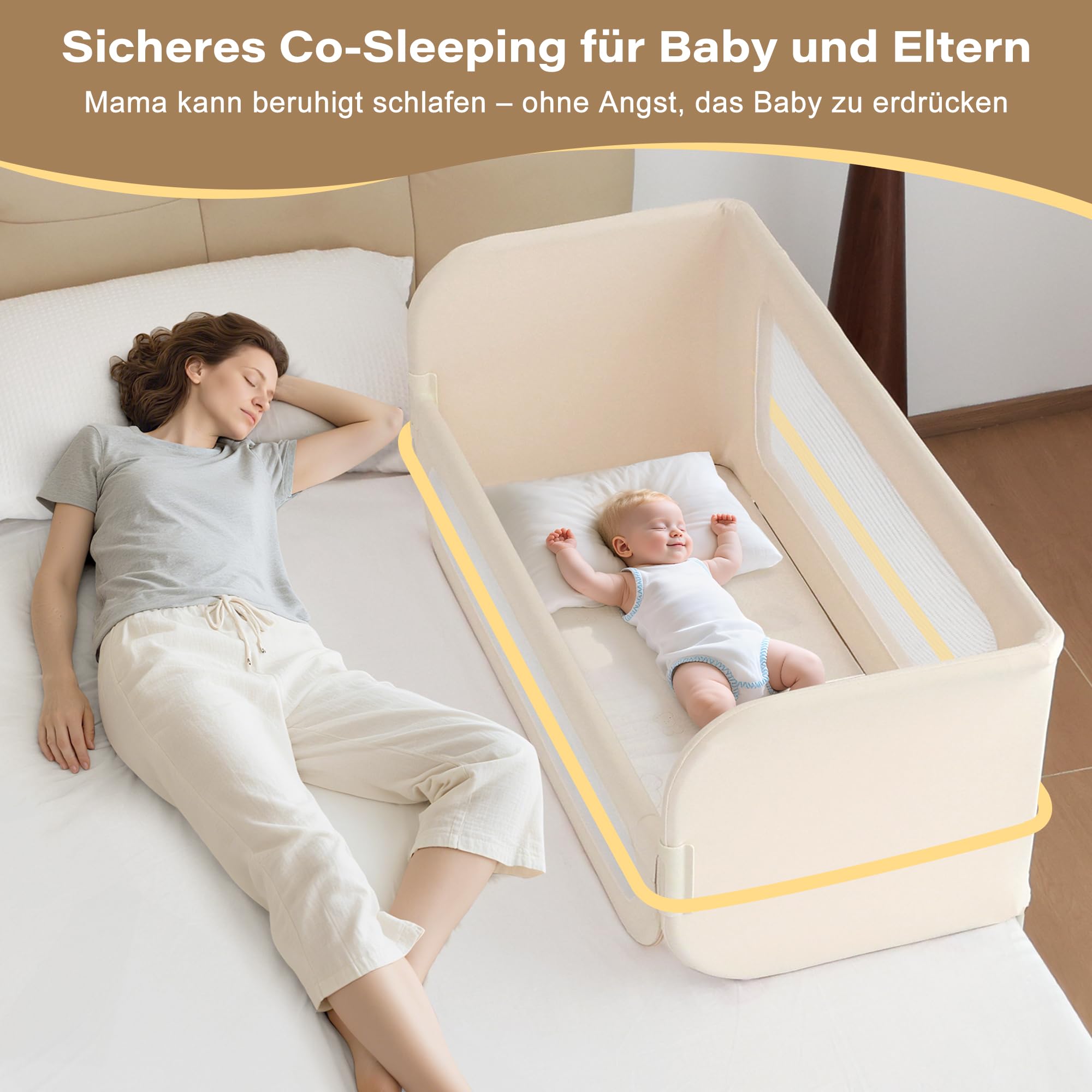 Rausfallschutz Bett Reise 185cm, 2-IN-1 Funktion als Baby Beistellbett und Bettgitter Baby, Rausfallschutz Bett Klappbar, Tragbar Bett Schutzgitter für Kinder, Kinderbettschutzgitter für Reisen- Creme