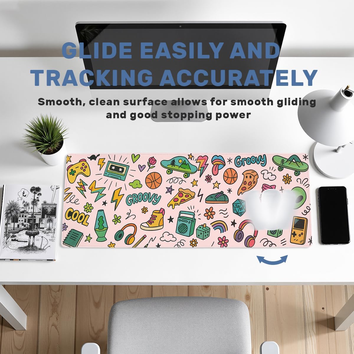 Retro Doodles Gaming Mouse Pad Large Desk Mat Skate Pizza Cassette Groovy Style Mousepad Computer Keyboard Pad Mouse Mat Laptop Mat 31.5 x 11.8 Mouse Pads for Desk Home Office Gaming image 5