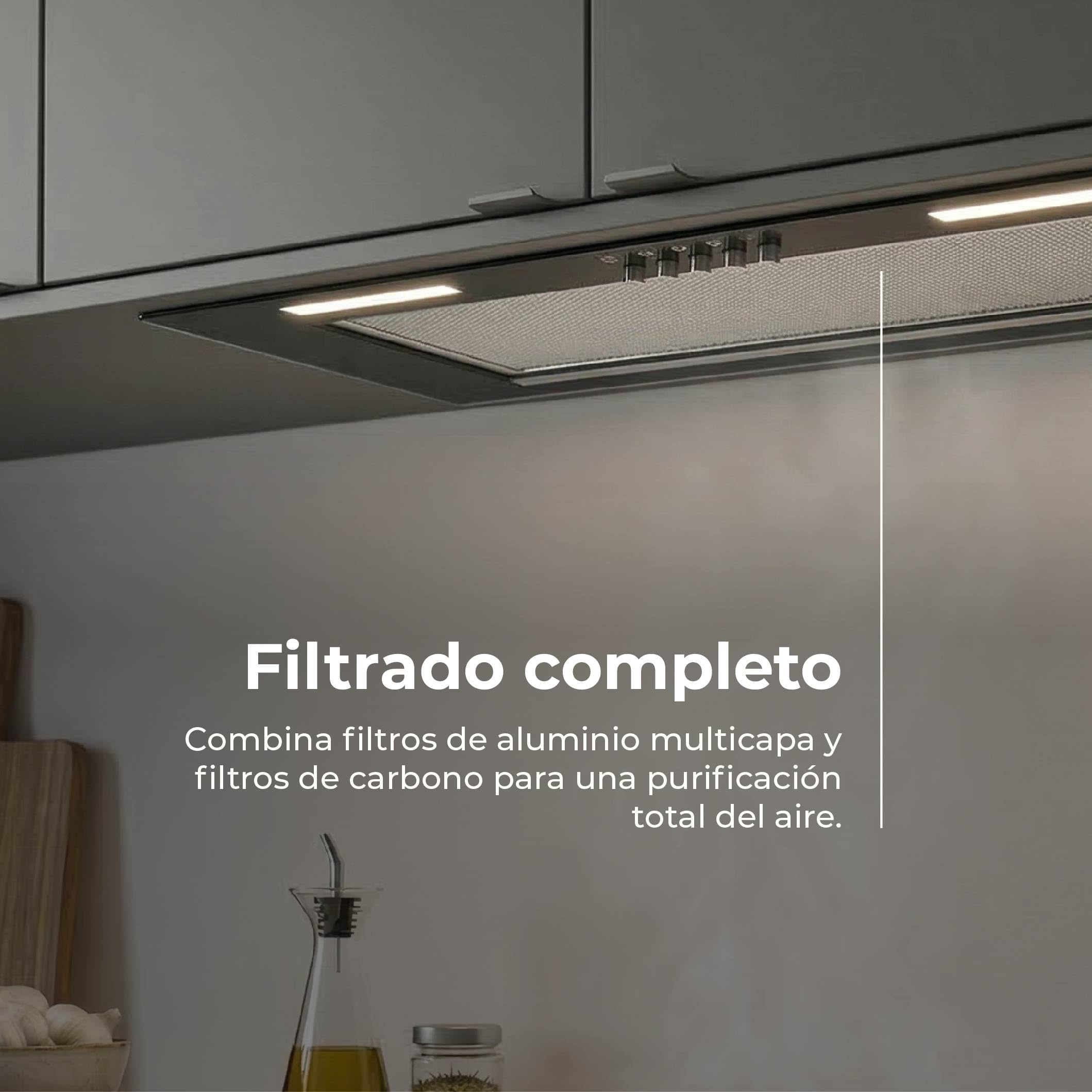 Campana Extractora 60 cm EVVO CEi50 Black - Clase A, Succión 620 m3/h, Motor 70W, Campana Extractora Integrable con Filtro de Carbón Activo y Aluminio, 3 Velocidades + Boost, Temporizador, Negra