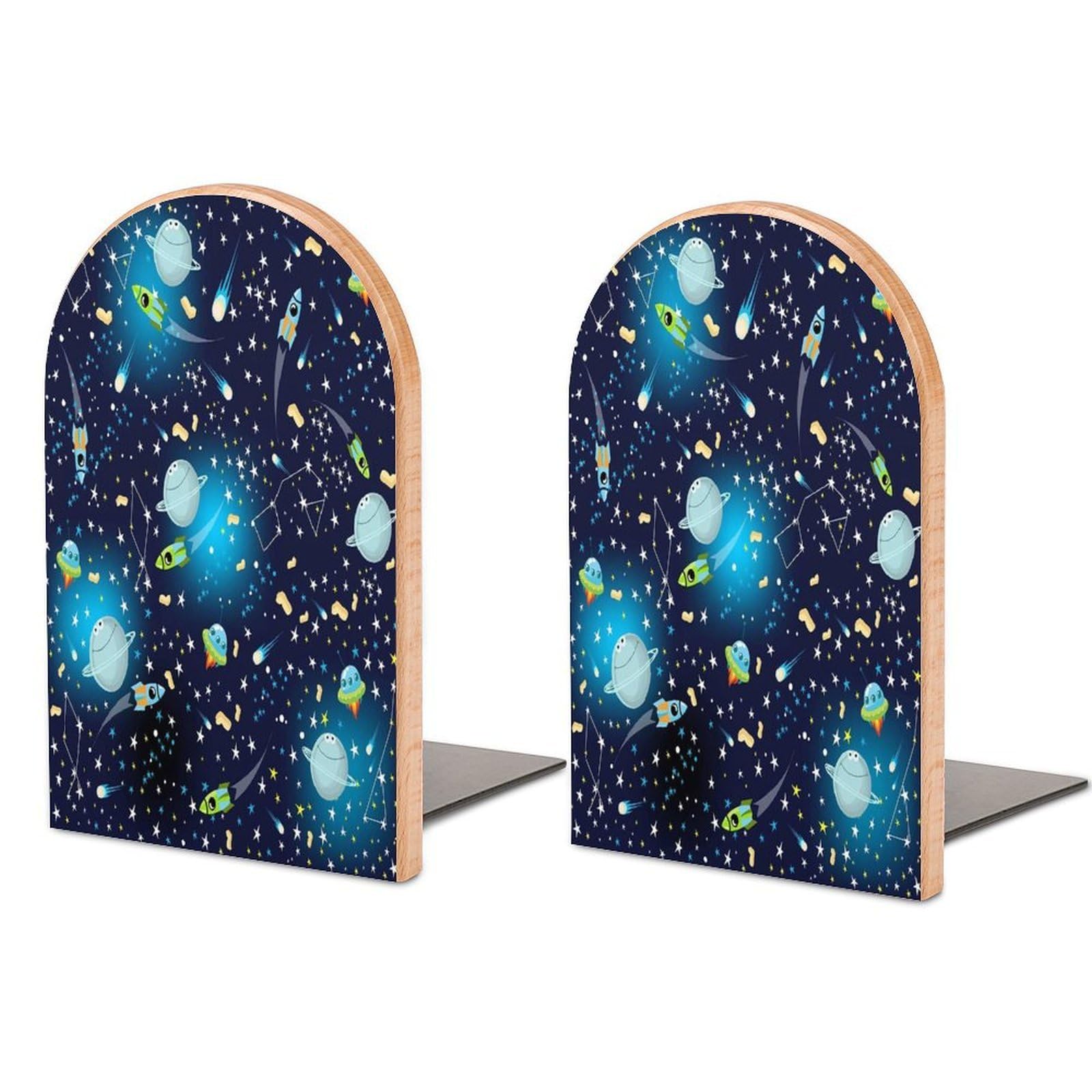 Space Background Beech Wood Bookends Heavy Duty Book Organizers Desktop File Holder for Office Home Bookshelf