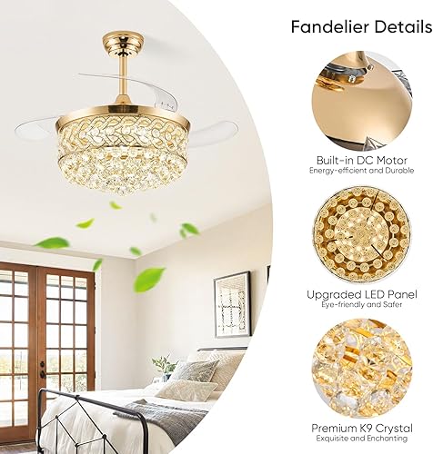 Miniatura 9 de Ventilador de Techo Fandelier de Cristal de 48" con Luz, Ventiladores de Techo Retráctiles Araña Ventilador con Aspas Retráctiles LED Regulable