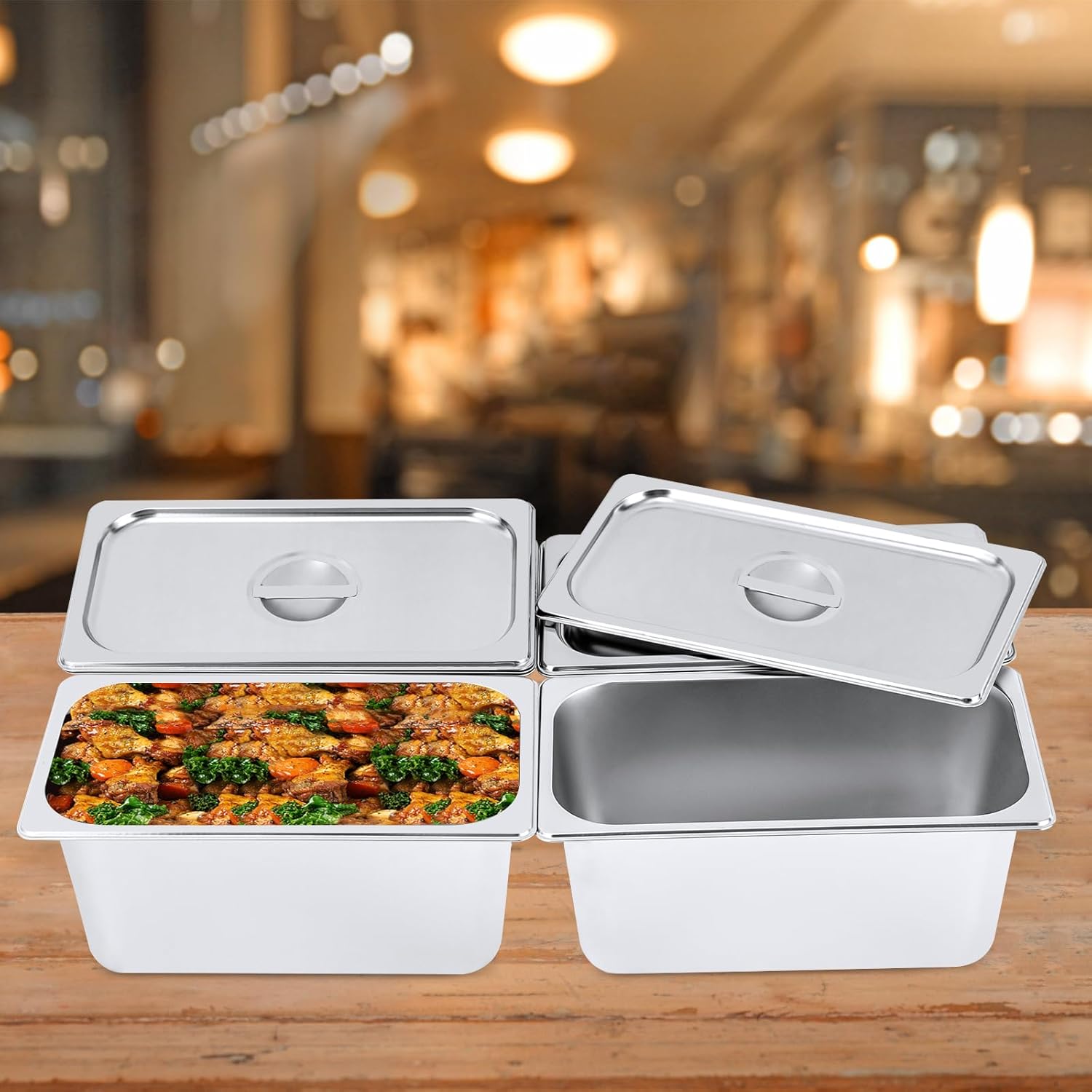 4 Pack Hotel Pans with Lids, 6 Inch Deep Stainless Steel Steam Table Pan with Lids, Food Containers Catering Storage for Party Buffet Home