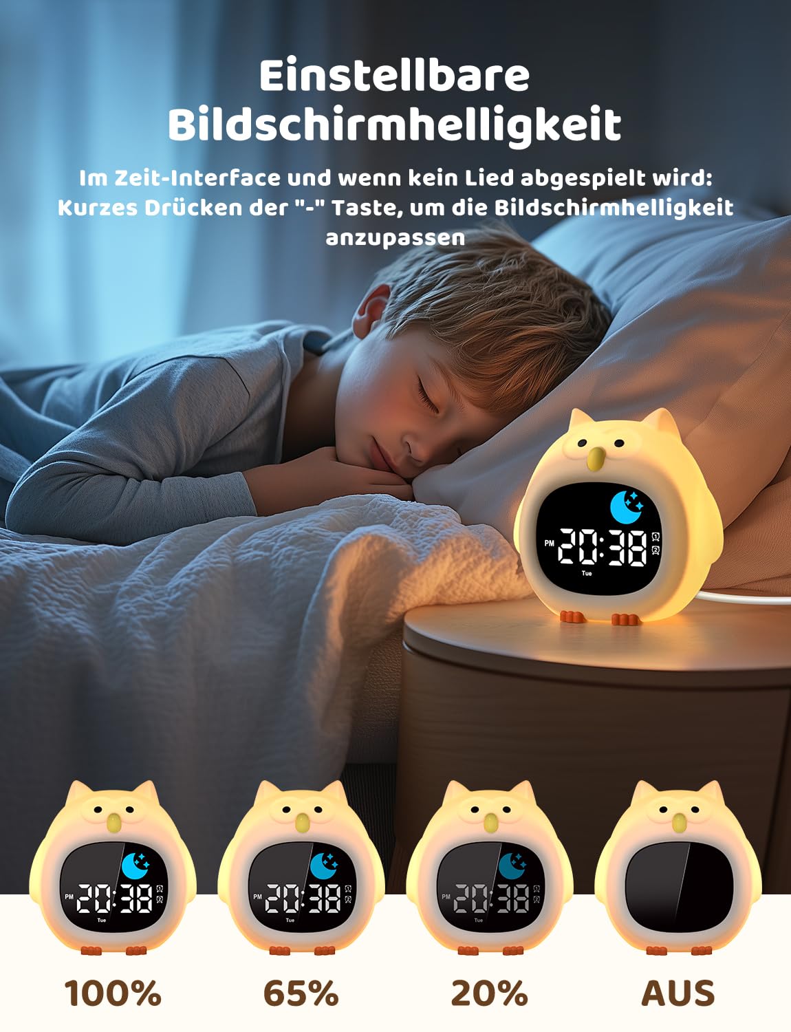 Yissvic wecker Kinder für Schulanfänger Jungen Kinderwecker mit RGB Nachtlicht Lernwecker 2 Alarme Wochenend-Modus Snooze 10 White Noise Eule Stil