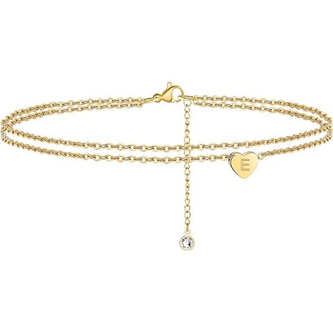 Ursteel Ankle Bracelets for Women, 14K Gold Plated Dainty Layered Heart Initial Anklets for Women Gifts