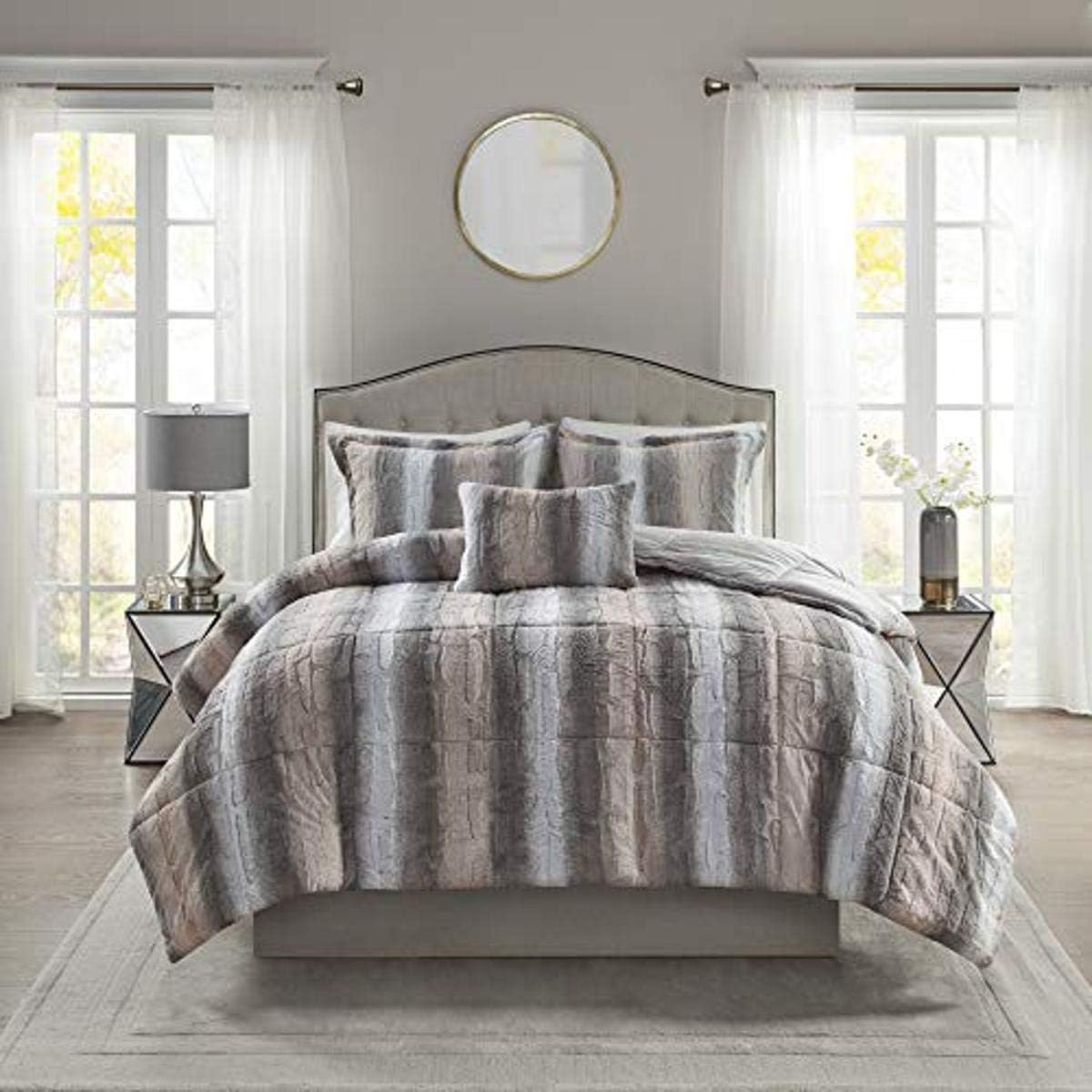 Madison Park Zuri Soft Plush Comforter Faux Fur Stripes Design, Faux Fur On The Reverse Modern All Season Bedding Set with Matching Sham, King, Sand : Home & Kitchen