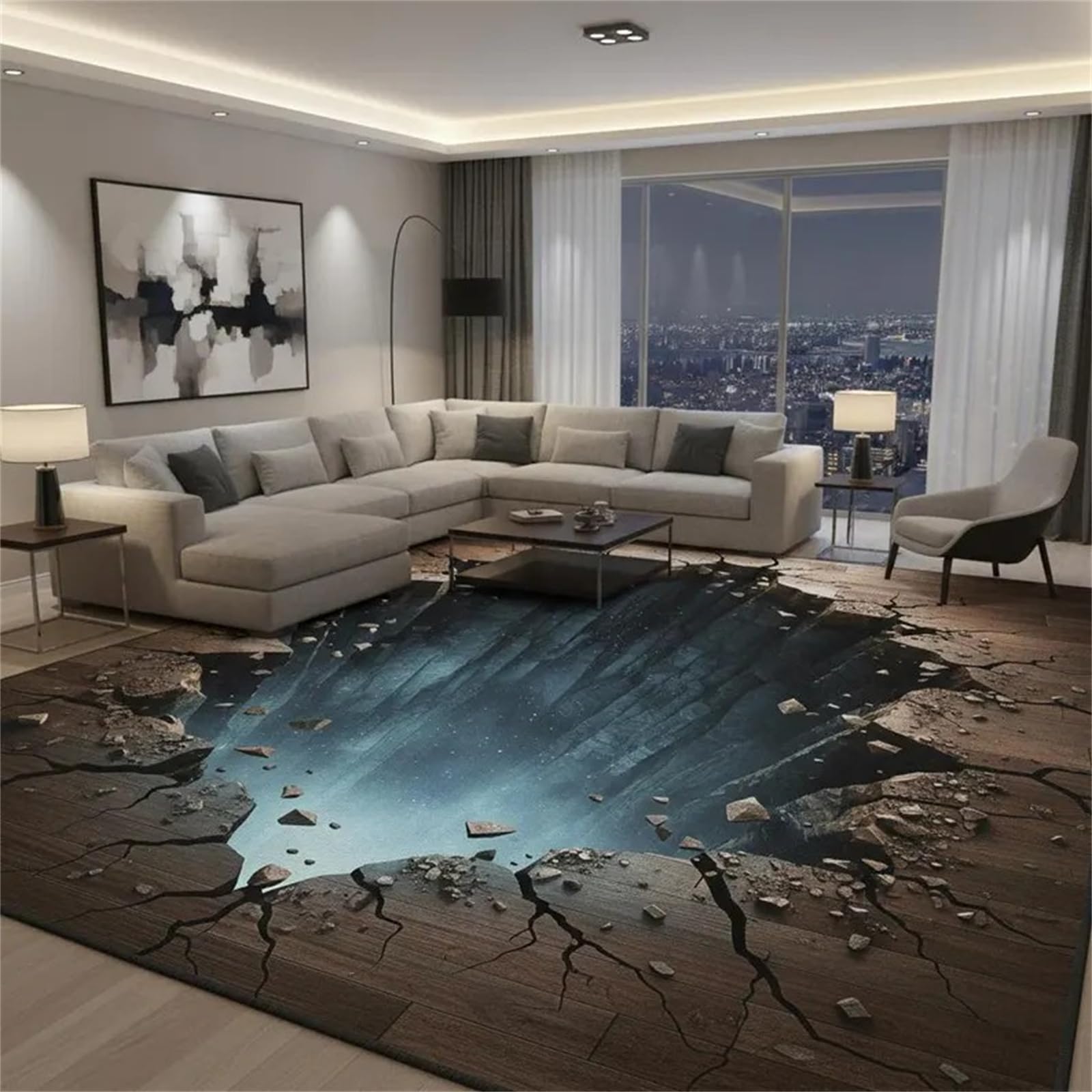 USHIRUG 3D Illusion Rug, 120x180cm Wood Floor Crack Pattern Living Room Area Rugs, Cool Cave Floor Carpet, Animal Fear-Inducing Carpet, Soft, Non-Slip, Machine Washable Mat for Bedroom, Hallway