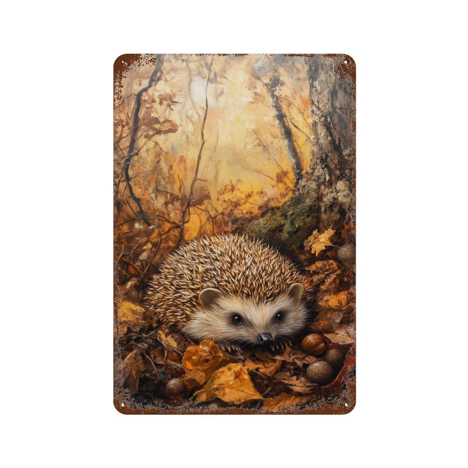 Hedgehog Amongst Autumn Leaves Cottagecore Decor Dark Academia Vintage Wildlife Illustration Rustic Nature Wall Decor Art Metal Tin Poster Modern Home Decor Art Home Bar Shop Decorations Vintage Sign