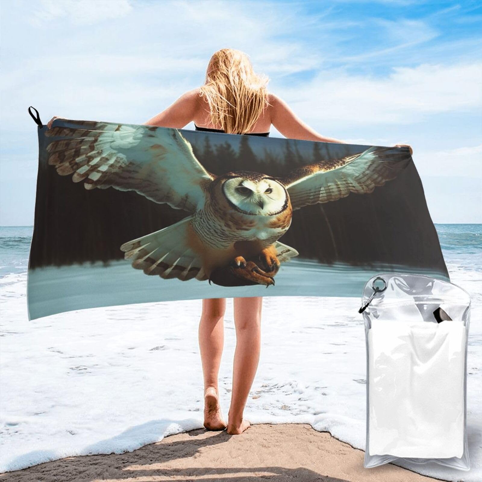 DWVTSLH Microfiber Sand Free Beach Towel 27.5"x55", Quick Dry Absorbent Travel Towel Large Camping Blanket, Flying Owl Bath Towels Lightweight Pool Swim Towels for Vacation Essentials