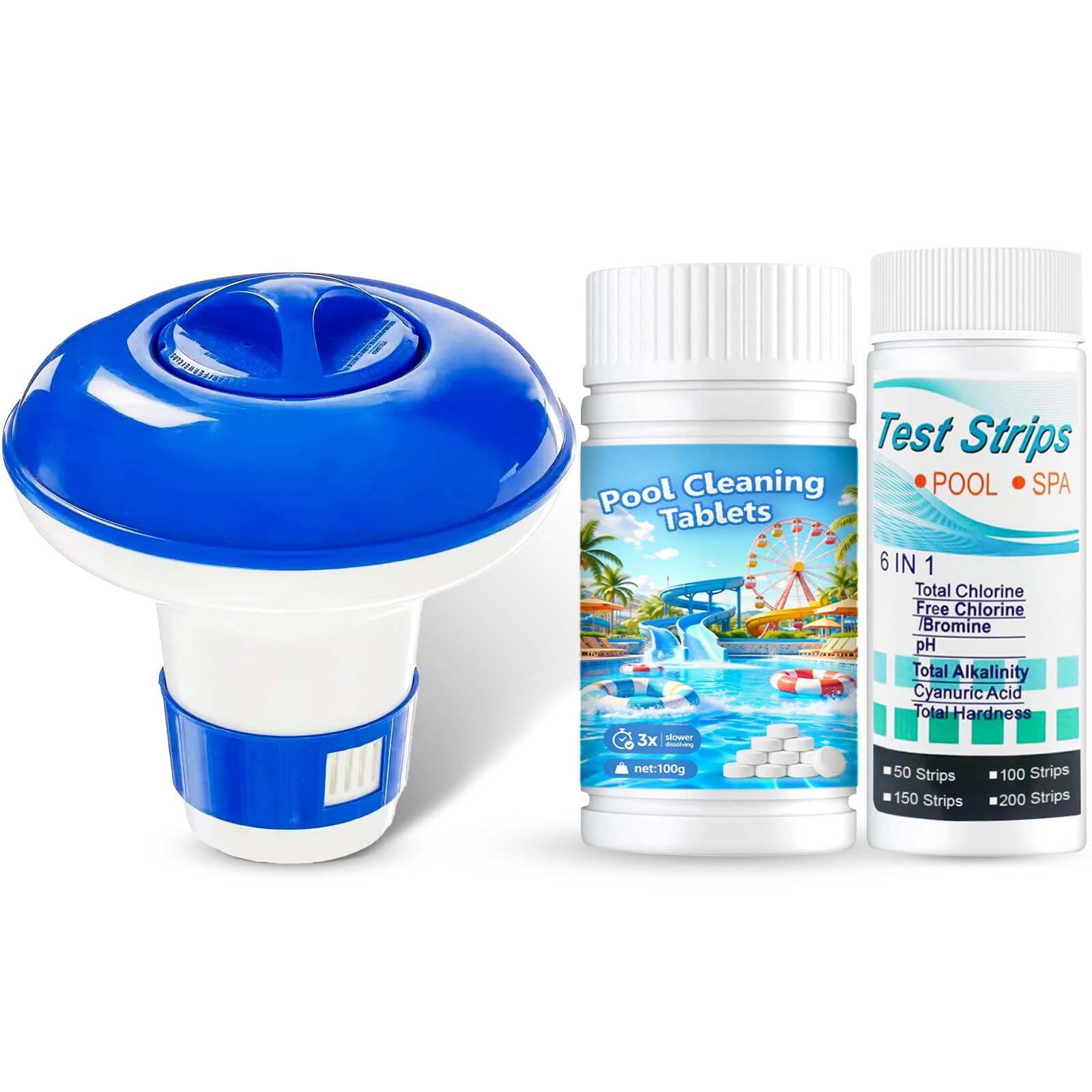 Faminess 100g ChlorineTablets, 50Pcs Strips Water Chemical Testing for Hot Tub with Floating Chlorine Tablets Dispenser Chlorine Tablets Set for Swimming Pool Pool Spa Bathtubs