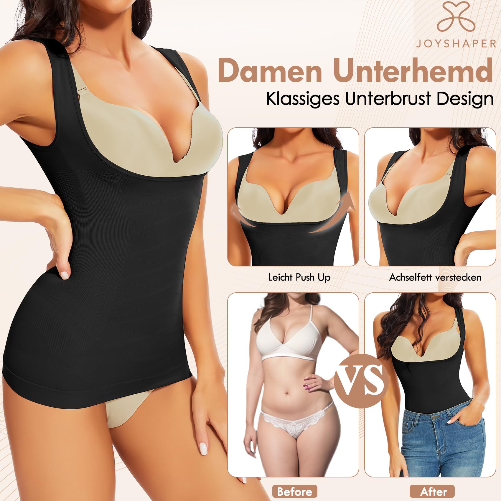 Joyshaper Shapewear damski podkoszulek top pod biustem, bez szwów, wyszczuplający brzuch, podkoszulek z szerokimi ramiączkami, modelujący top na ramiączkach, koszulka, czarny, L