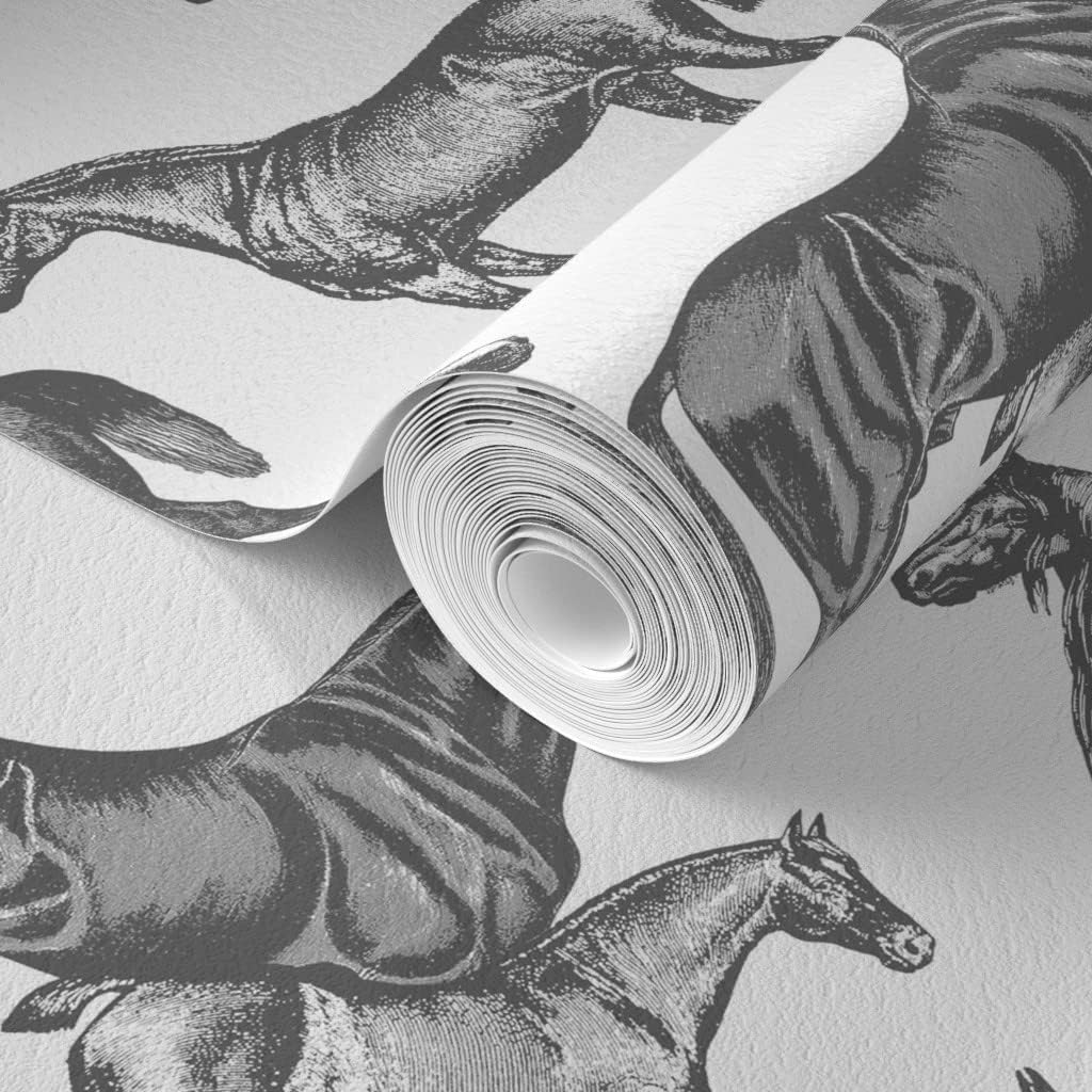Spoonflower Commercial Grade Wallpaper 27ft x 2ft - Victorian Horses Large Print Black White Vintage Style Pony Equestrian Traditional Wallpaper