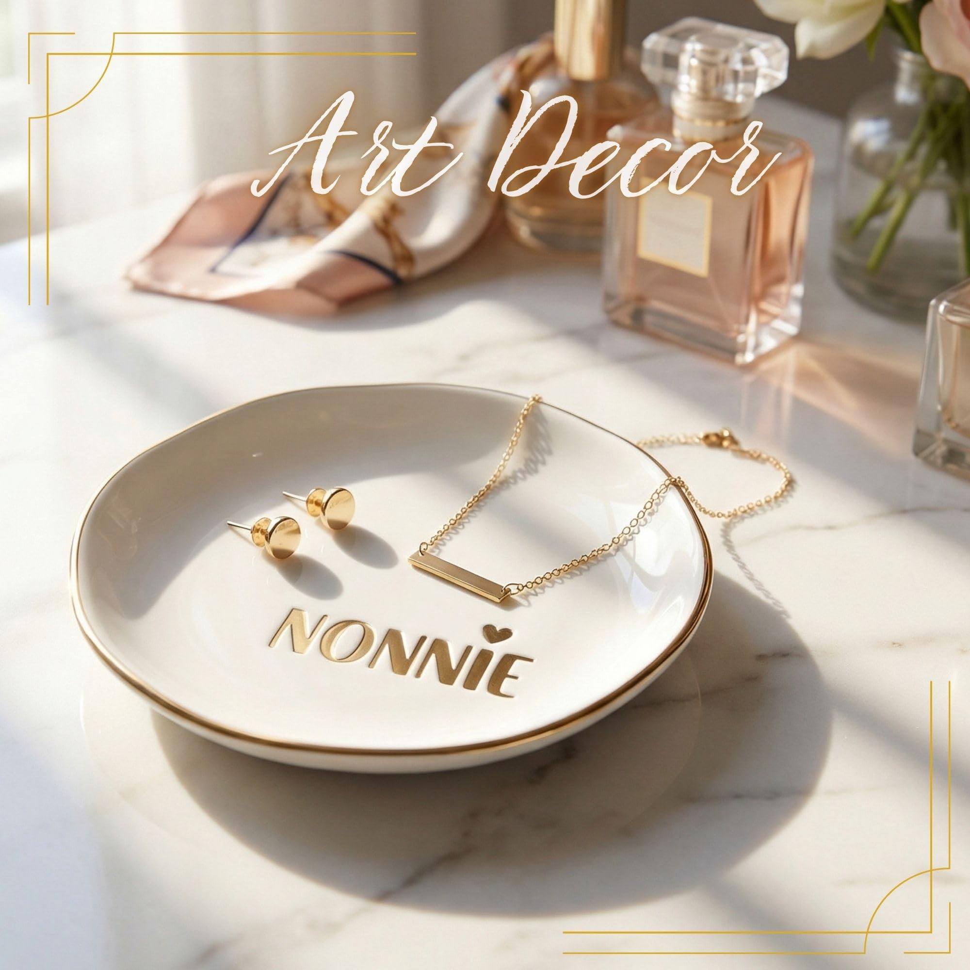 InnoBeta NONNIE Gifts Grandma Gifts from Grandkids Granddaughter for Birthday Christmas Mother's Day - 4.75" Handcrafted Ceramic Ring Dish with Gold Trim, Decorative Trinket Dish for Rings Earrings