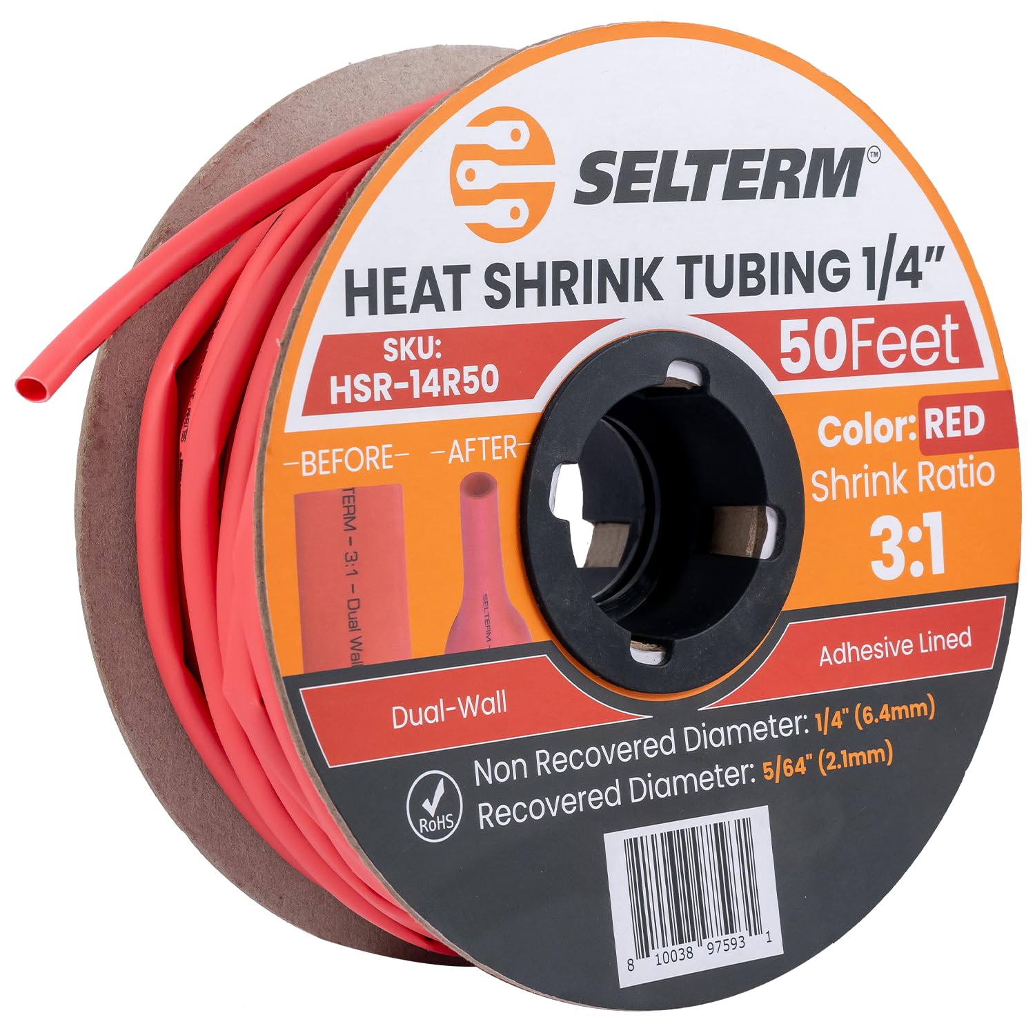 SELTERM 1/4" Red [50 Feet] Marine Grade Heat Shrink Tubing Roll, 3:1 Ratio Dual Wall Adhesive Lined Waterproof Heat Shrink Wrap Tube, for Battery