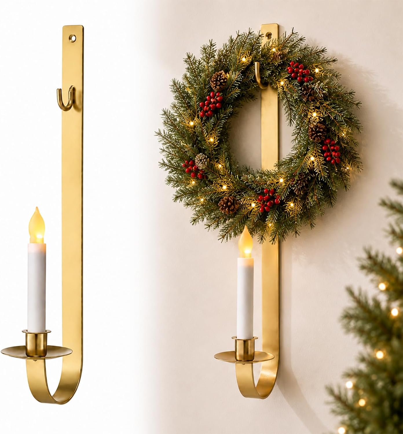 LemonRoad 2 Sets 16.1" Christmas Metal Wall Wreath Candle Holder, Black