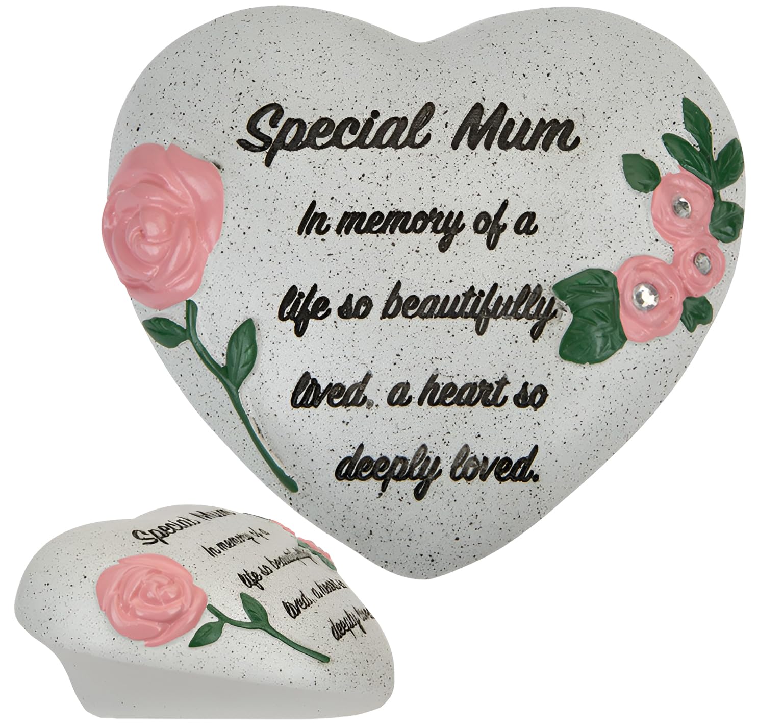 Quickdraw Supplies Light Grey Special Mum Memorial Heart Ornament With Diamantes & Roses – Graveside Grave Decoration, Cemetery Ornament, Sympathy Gift For Mum – Funeral Remembrance Tribute Stone Effect Keepsake